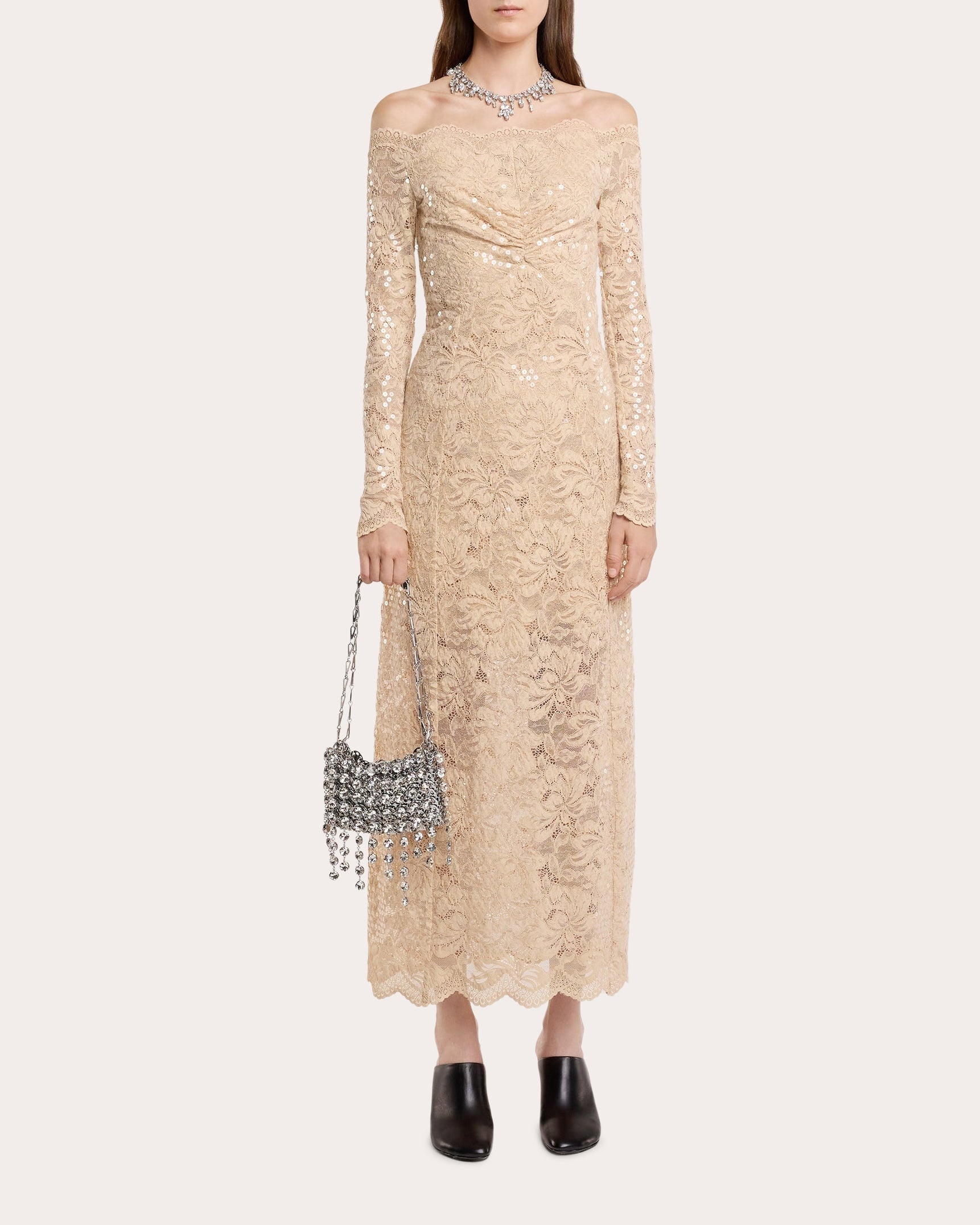 Sequin-Embellished Ruched Lace Maxi Dress - 1