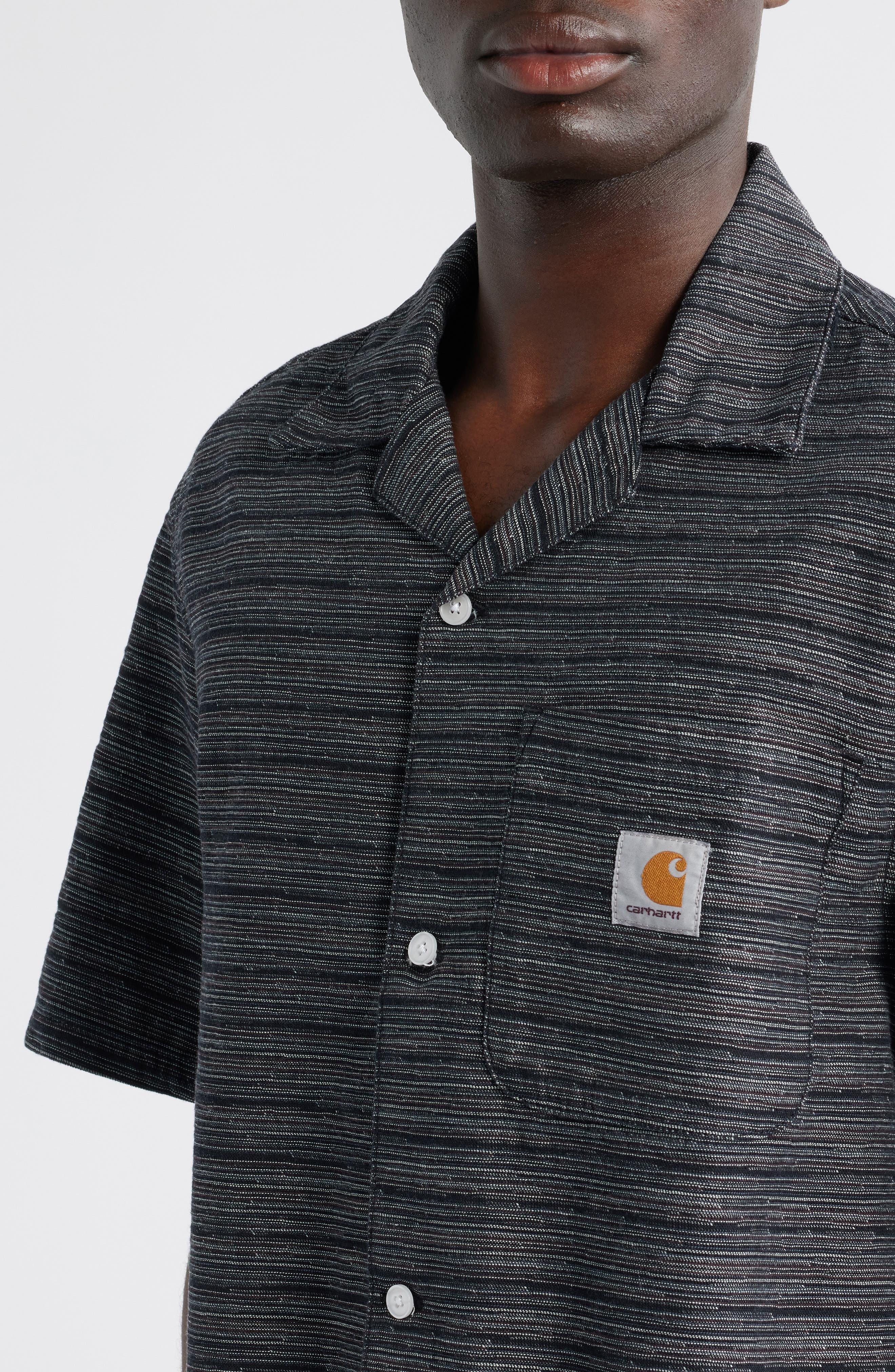 Carhartt Work In Progress Gellar Short Sleeve Cotton Jacquard Camp Shirt in Gellar Stripe, Black (Ri - 2