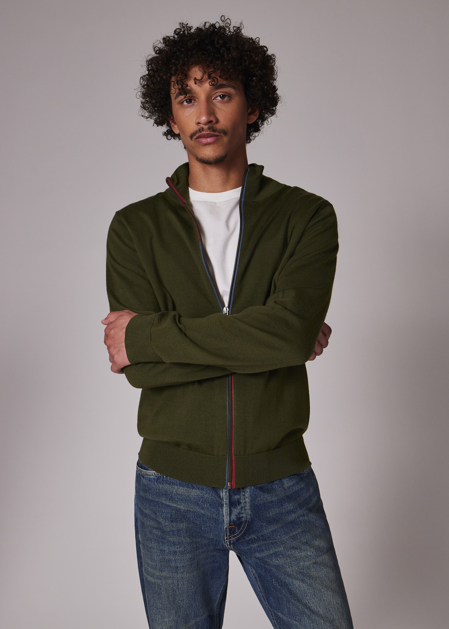 Khaki Merino Wool Zip Cardigan - 3