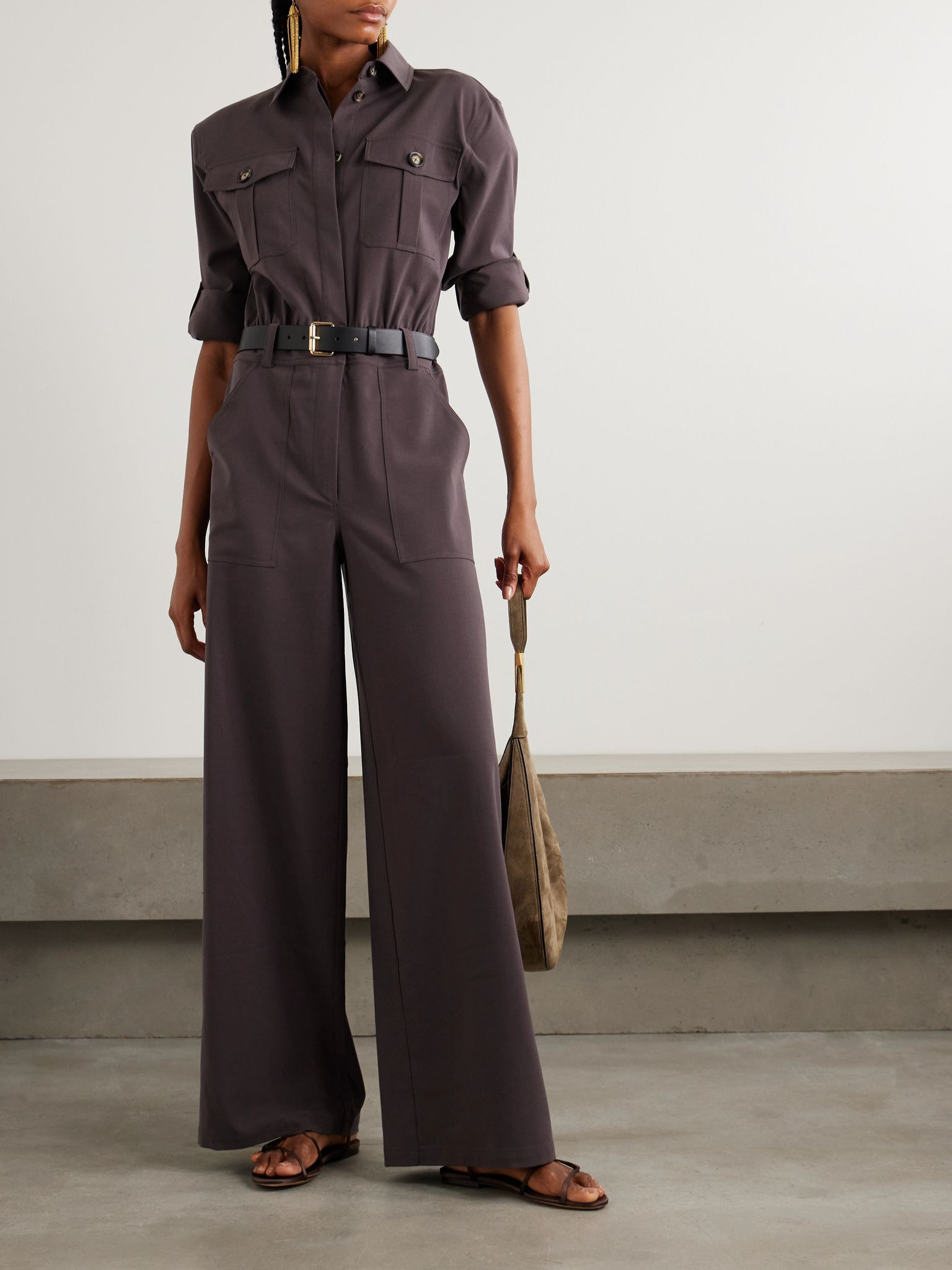 Belted leather-trimmed twill jumpsuit Brown - 2