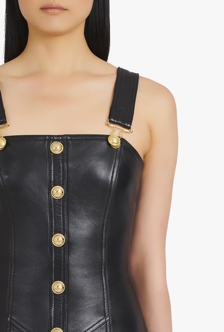 Short black leather overall dress - 6