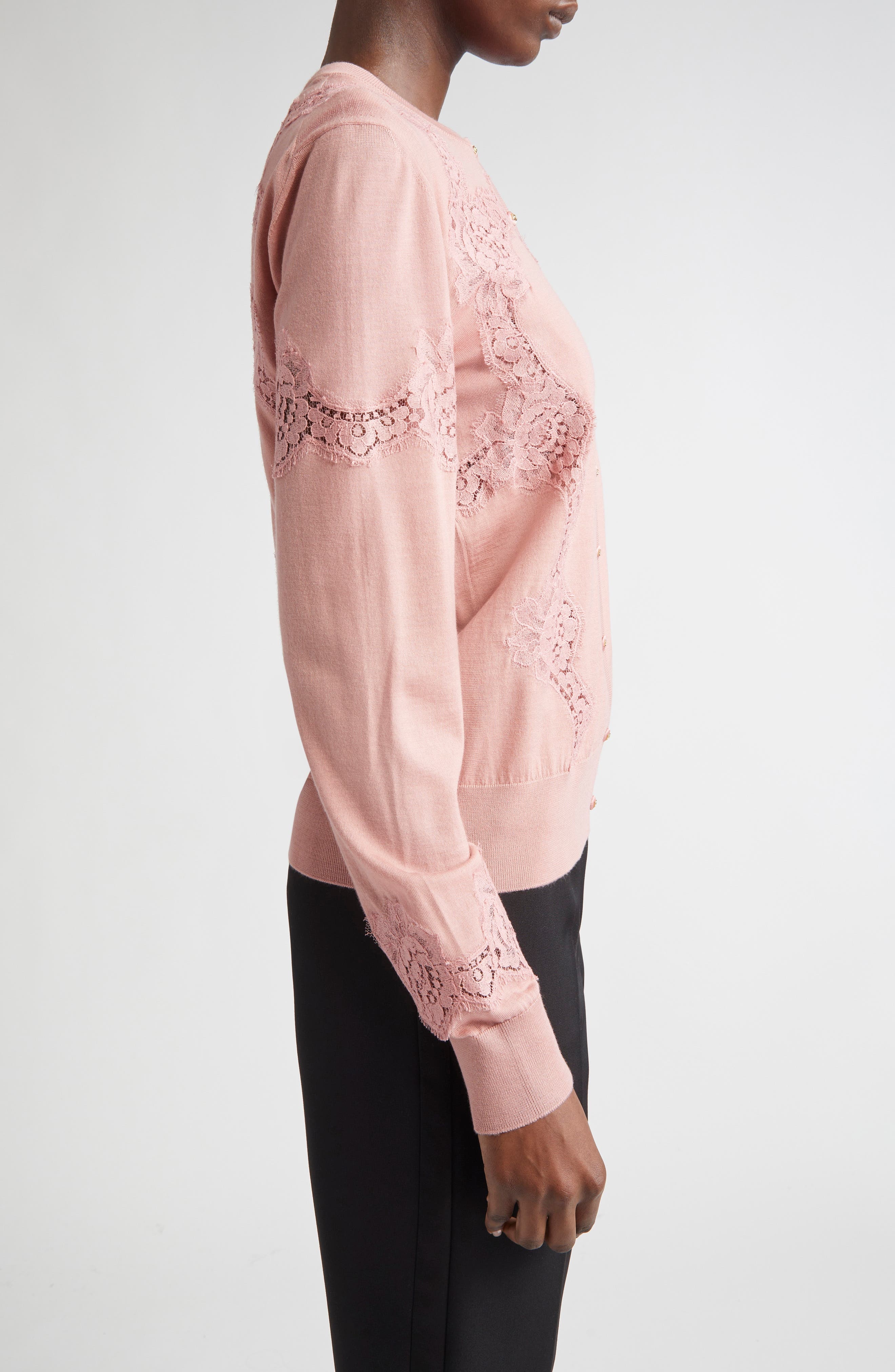 Dolce&Gabbana Lace Detail Virgin Wool & Cotton Blend Cardigan in Rosa Polvere Scuro at Nordstrom - 3