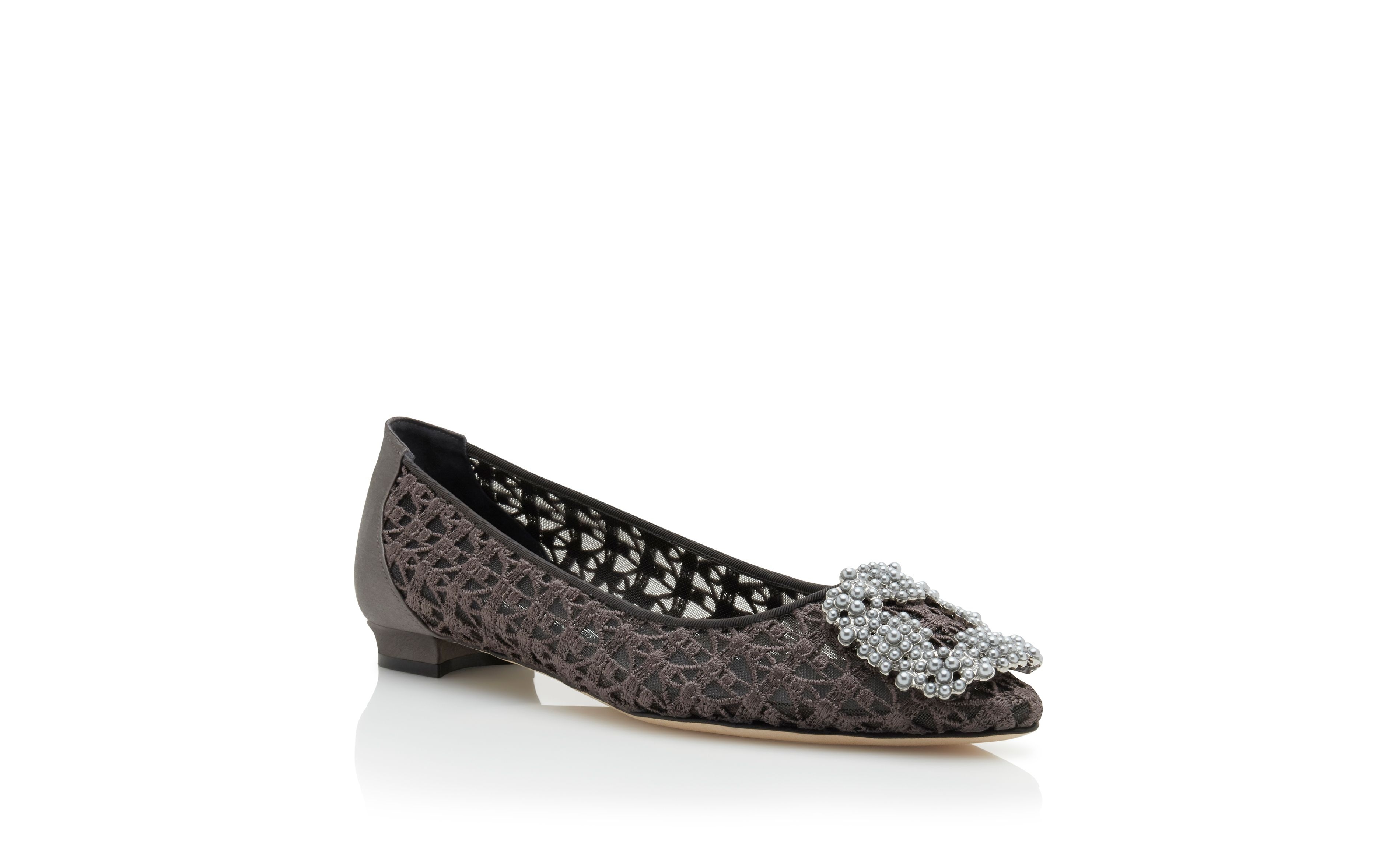 Dark Grey Lace Pearl Buckle Flat Shoes - 3