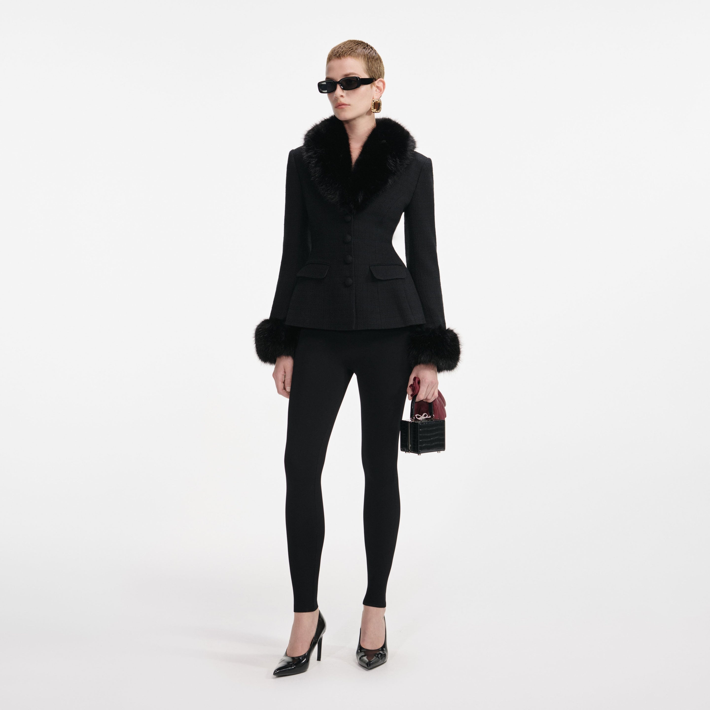 Black Tailored Boucle Fur Jacket - 2