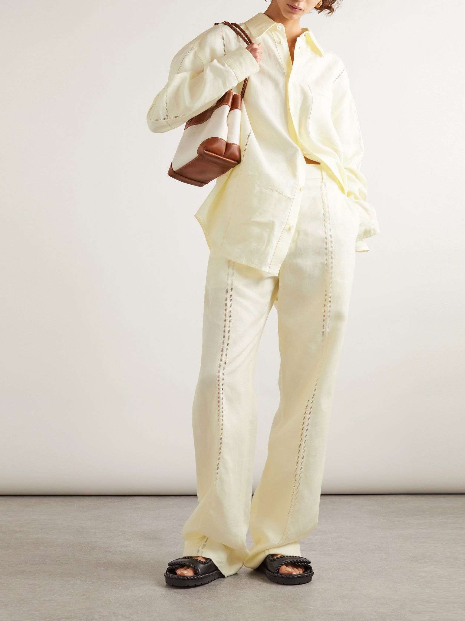 Embroidered linen straight-leg pants Cream - 2