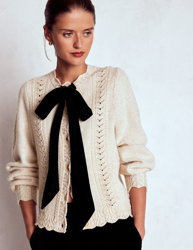 Velvet Bow Cable Cardigan-Gold Sparkle 1