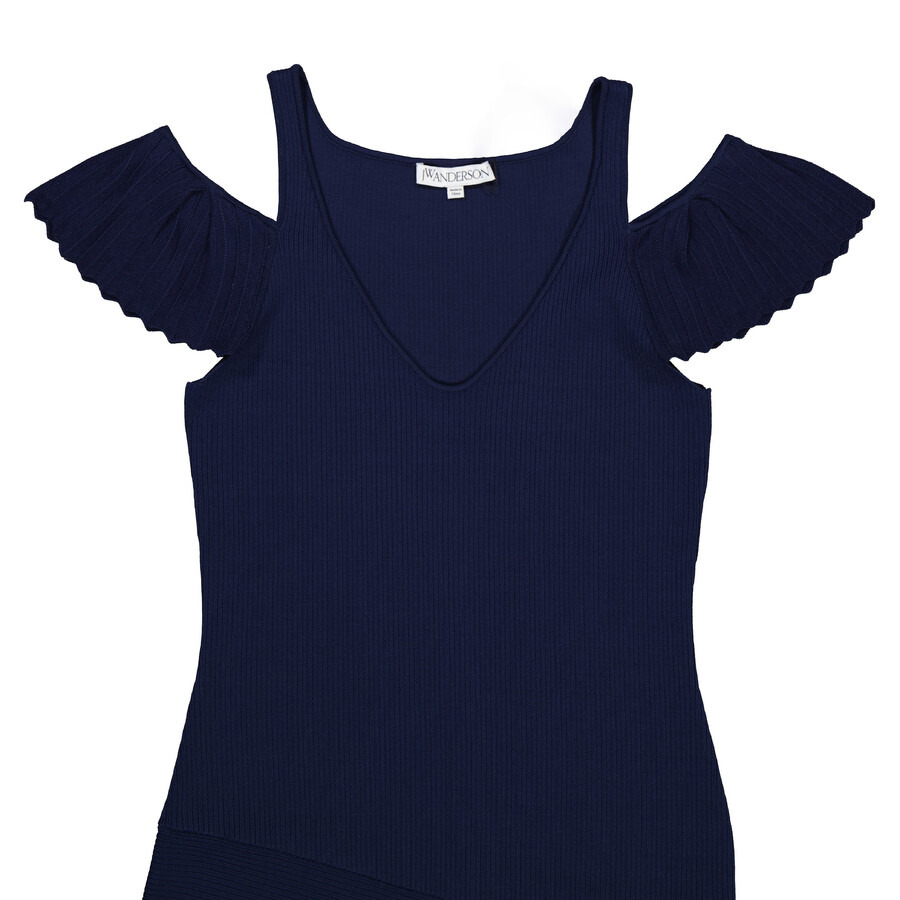 JW Anderson Navy Blue Ribbed Ruffle Dress - 2
