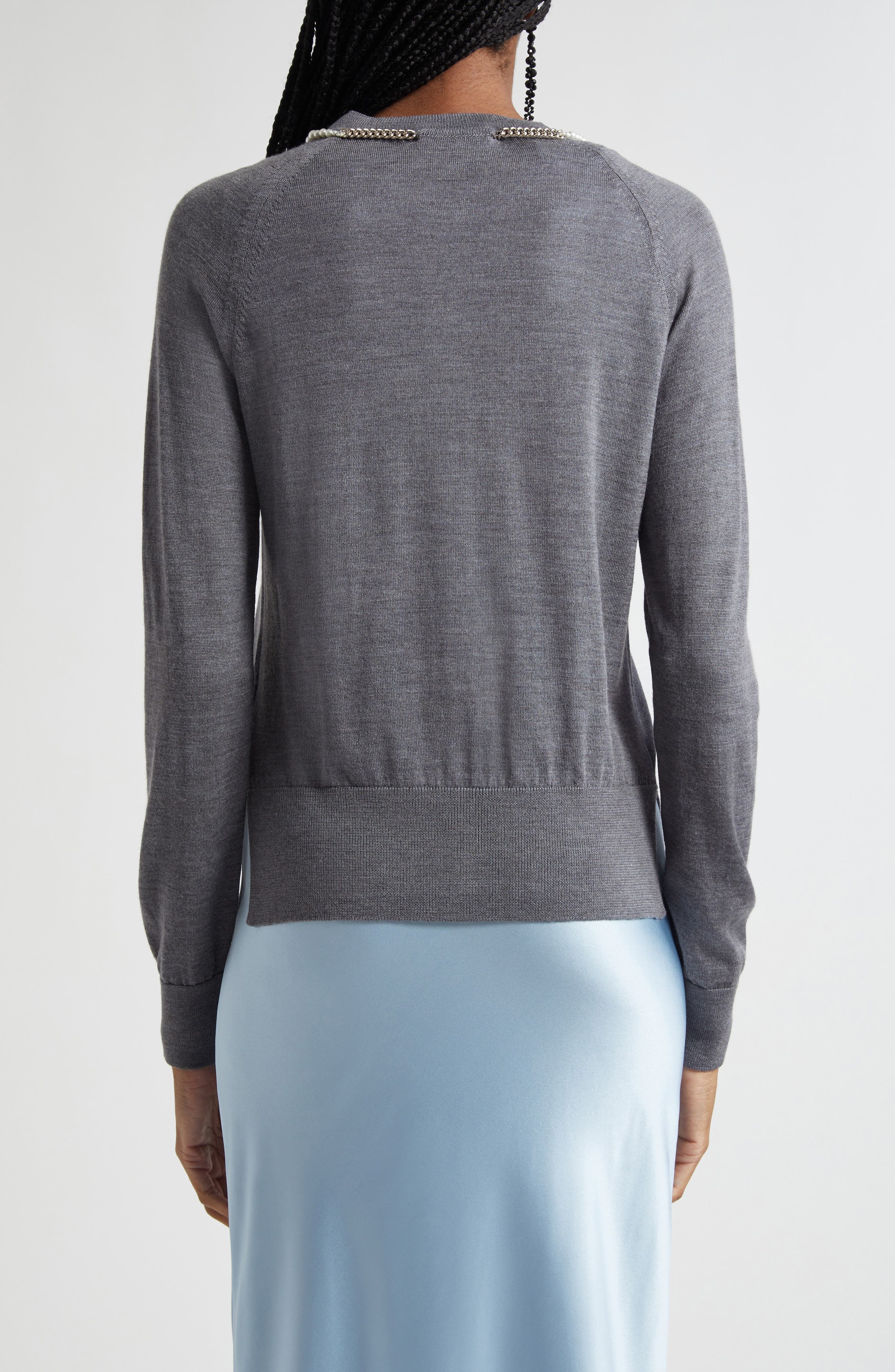 Simone Rocha Classic Long Sleeve Merino Wool & Silk Cardigan with Faux Pearl Detail in Charcoal/Pear - 3