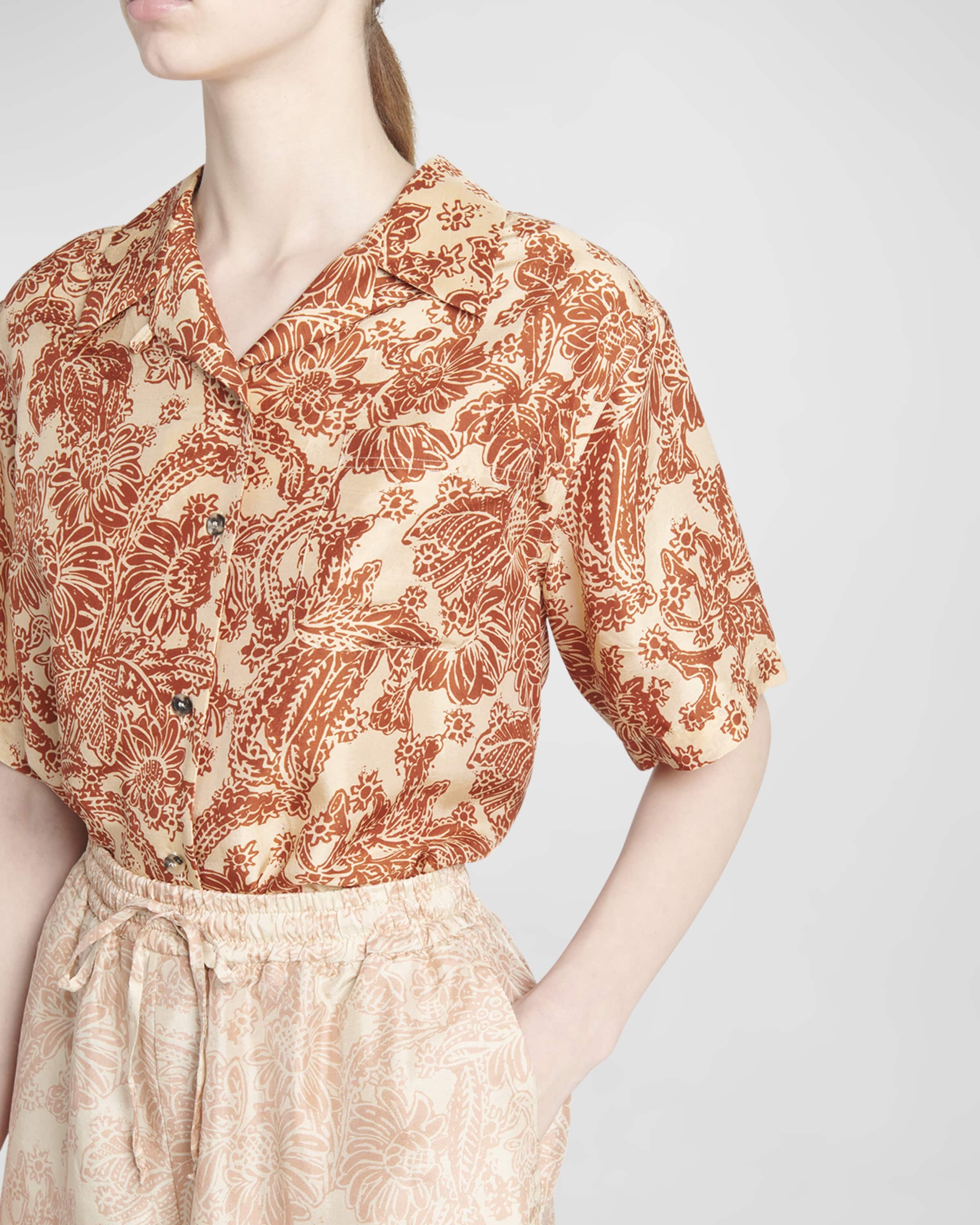 Isoble Woodblock Botanic-Print Silk Short-Sleeve Shirt - 5