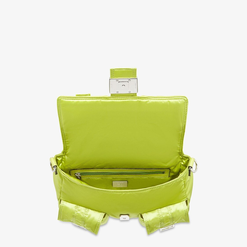 Baguette Multipocket bag made of green shiny recycled nylon, with five patch pockets in different si 5