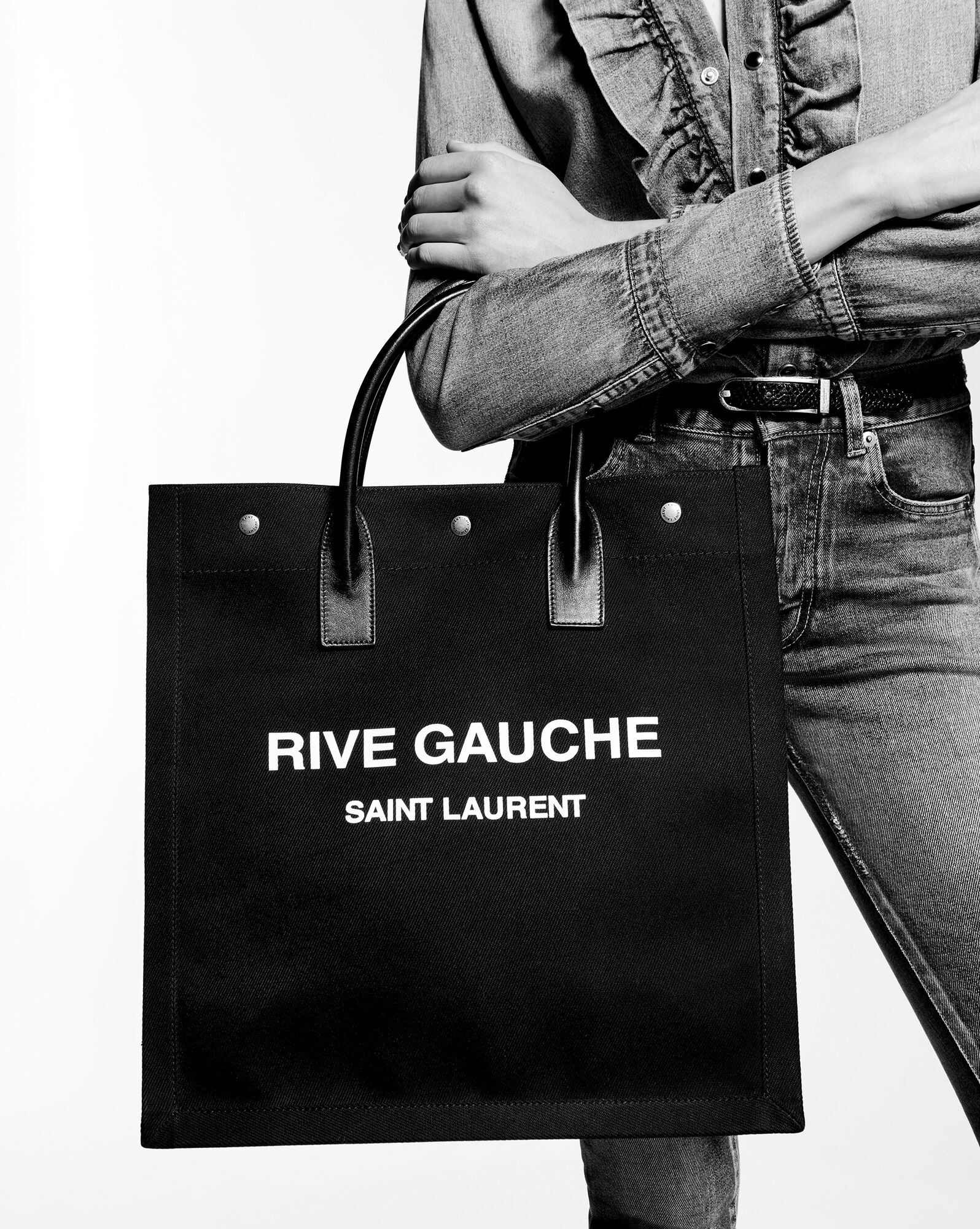 rive gauche north/south tote bag in printed linen and leather - 2