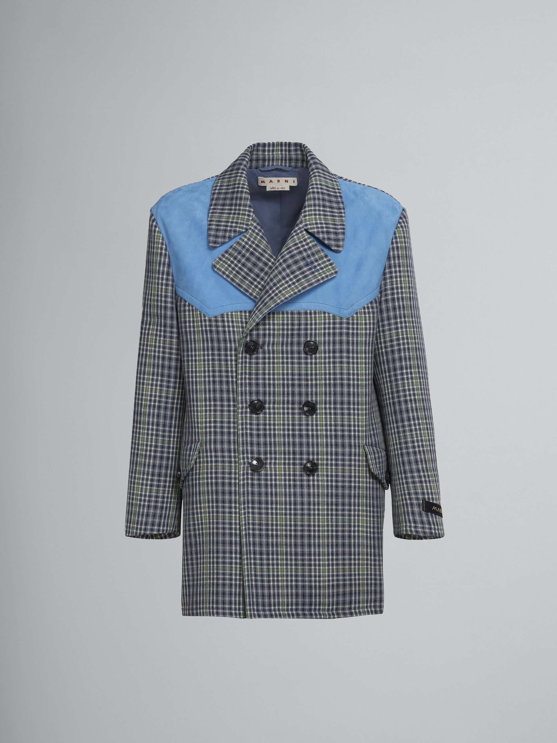 DOUBLE-BREASTED COAT IN GREY CHEQUERED WOOL - 1