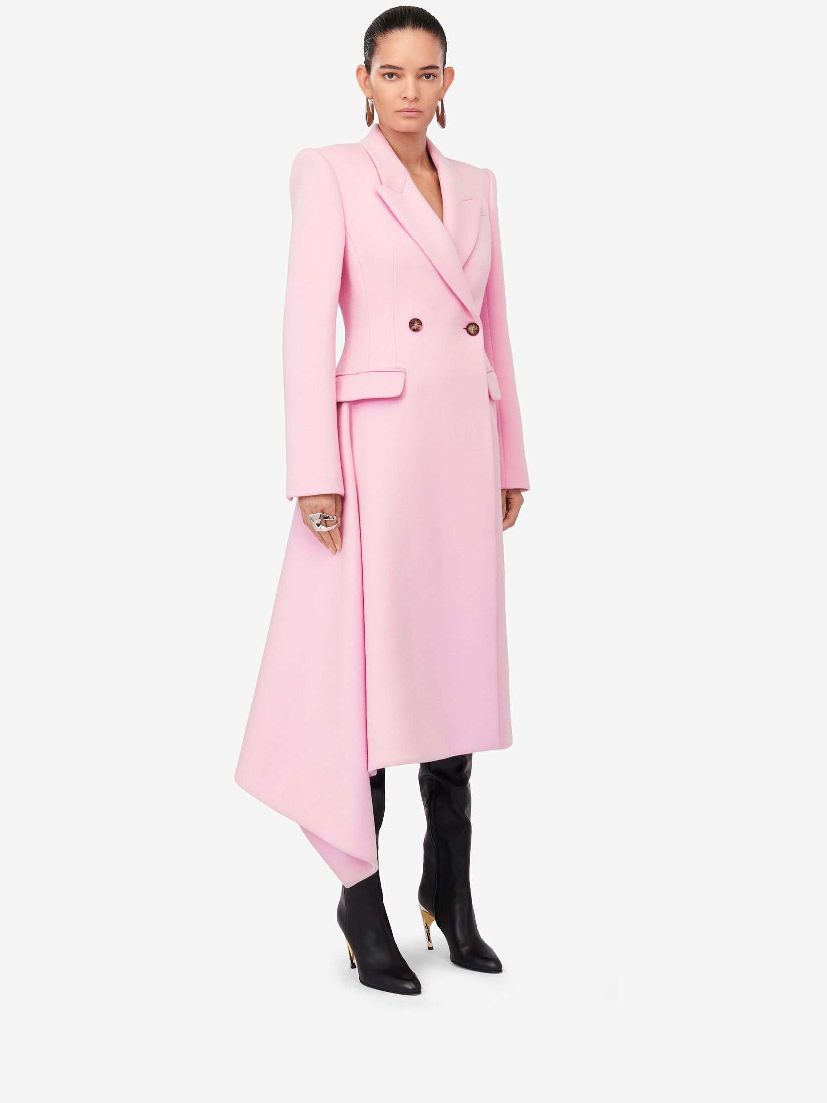 Women's Midi Draped Coat in Pale Pink - 3