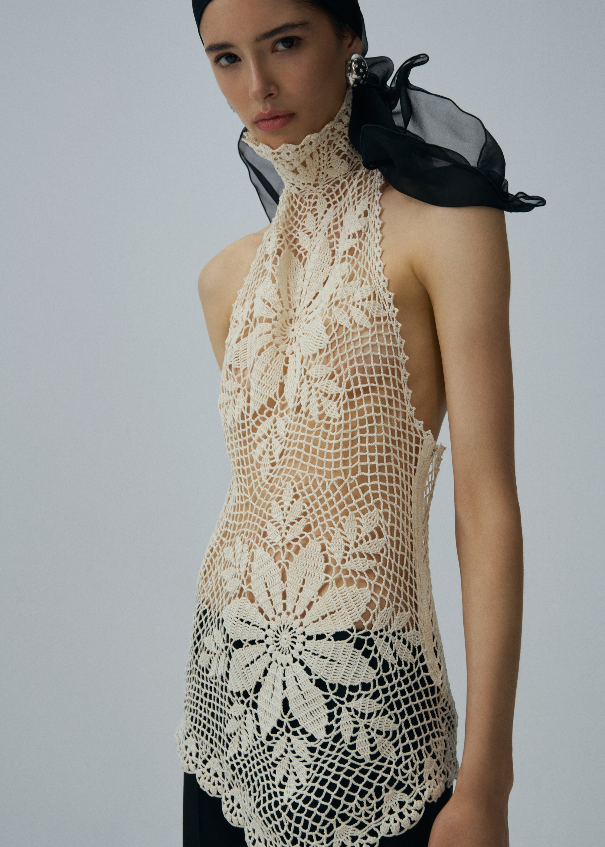 Lace crochet high neck blouse in cream - 4