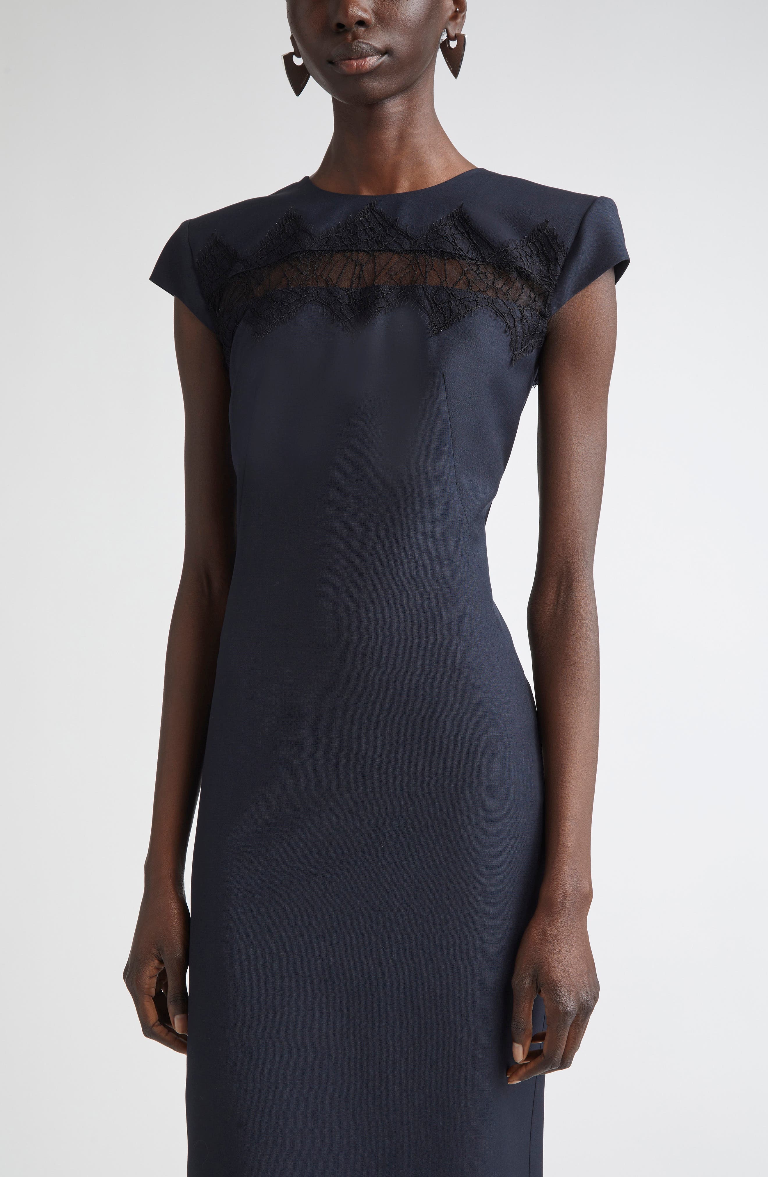 McQueen Day Lace Cutout Wool & Mohair Sheath Dress in Navy at Nordstrom - 4