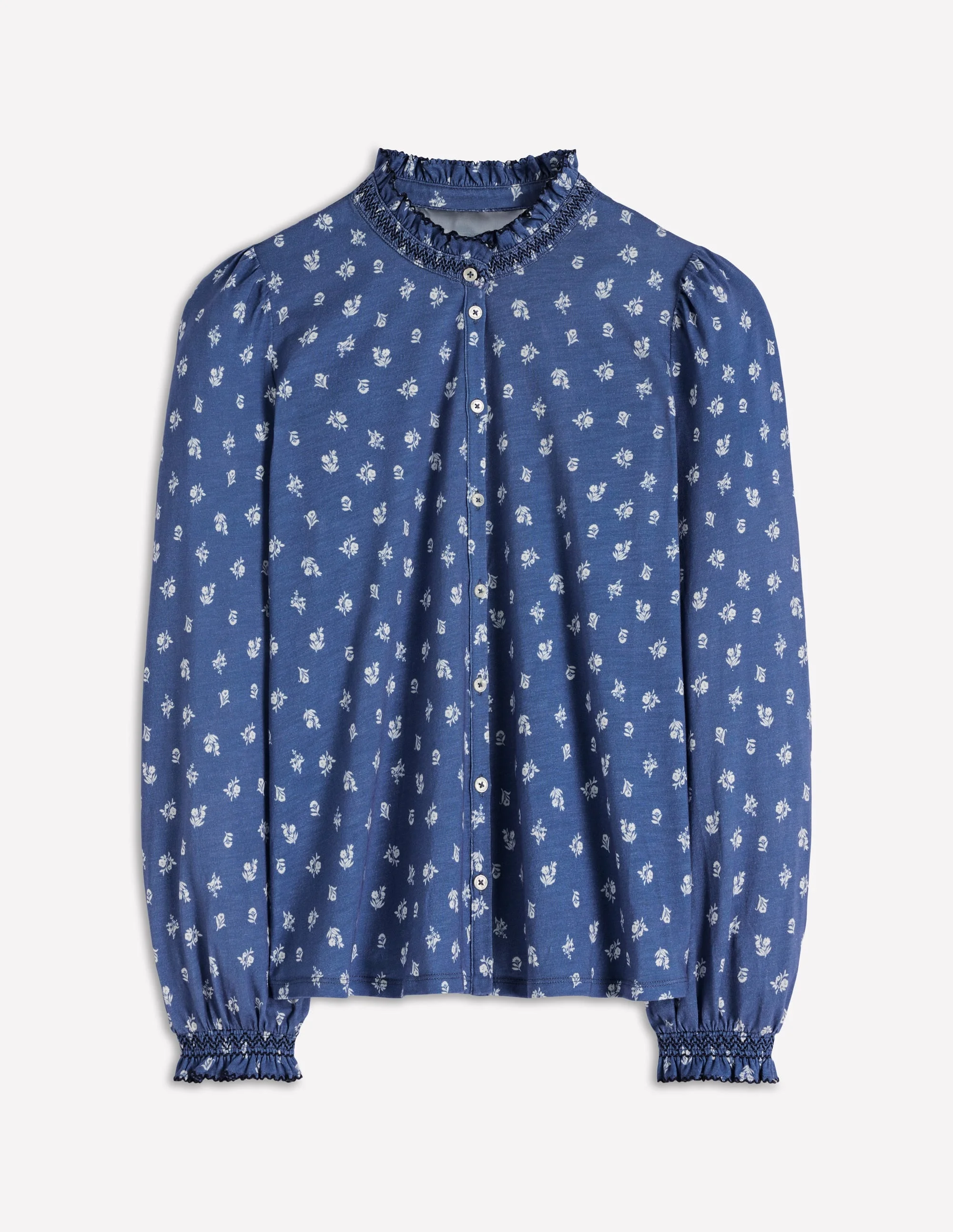 Effie Smocked Detail Shirt-True Navy, Flower Press Small - 1
