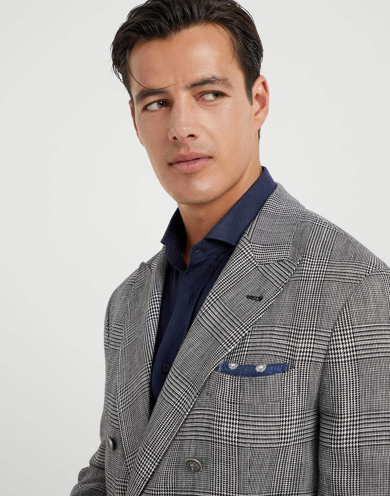 Cotton and linen Prince of Wales one-and-a-half breasted deconstructed blazer with patch pockets and 3