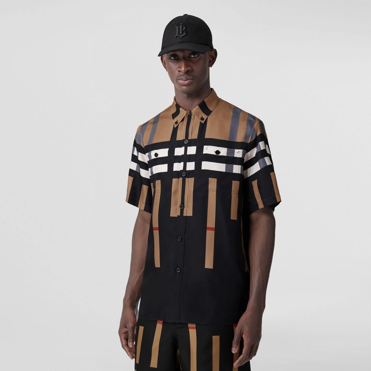 Short-sleeve Sliced Check Print Silk Shirt - 5