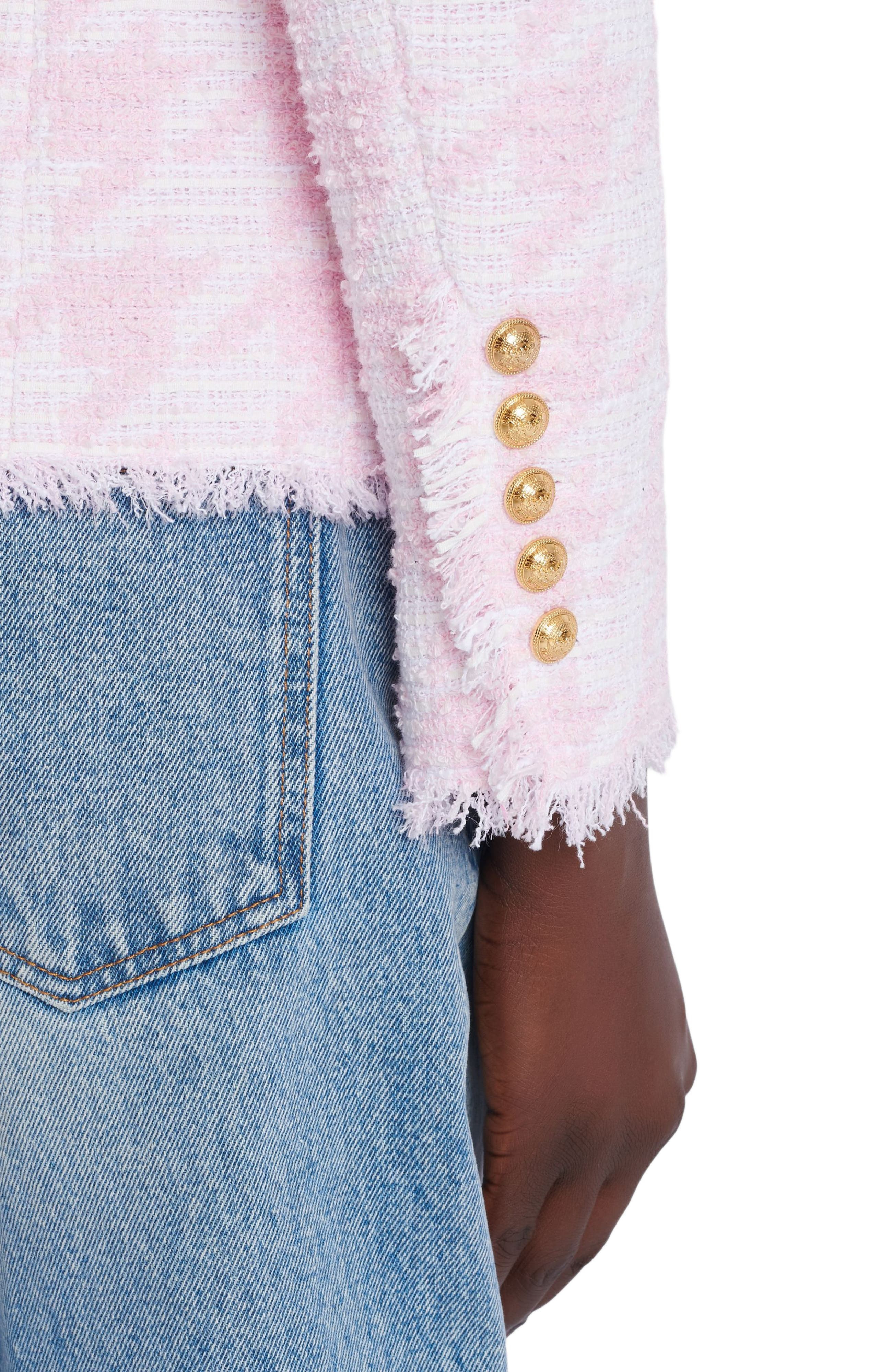 Balmain 6-button houndstooth tweed fitted jacket in Pink at Nordstrom - 4