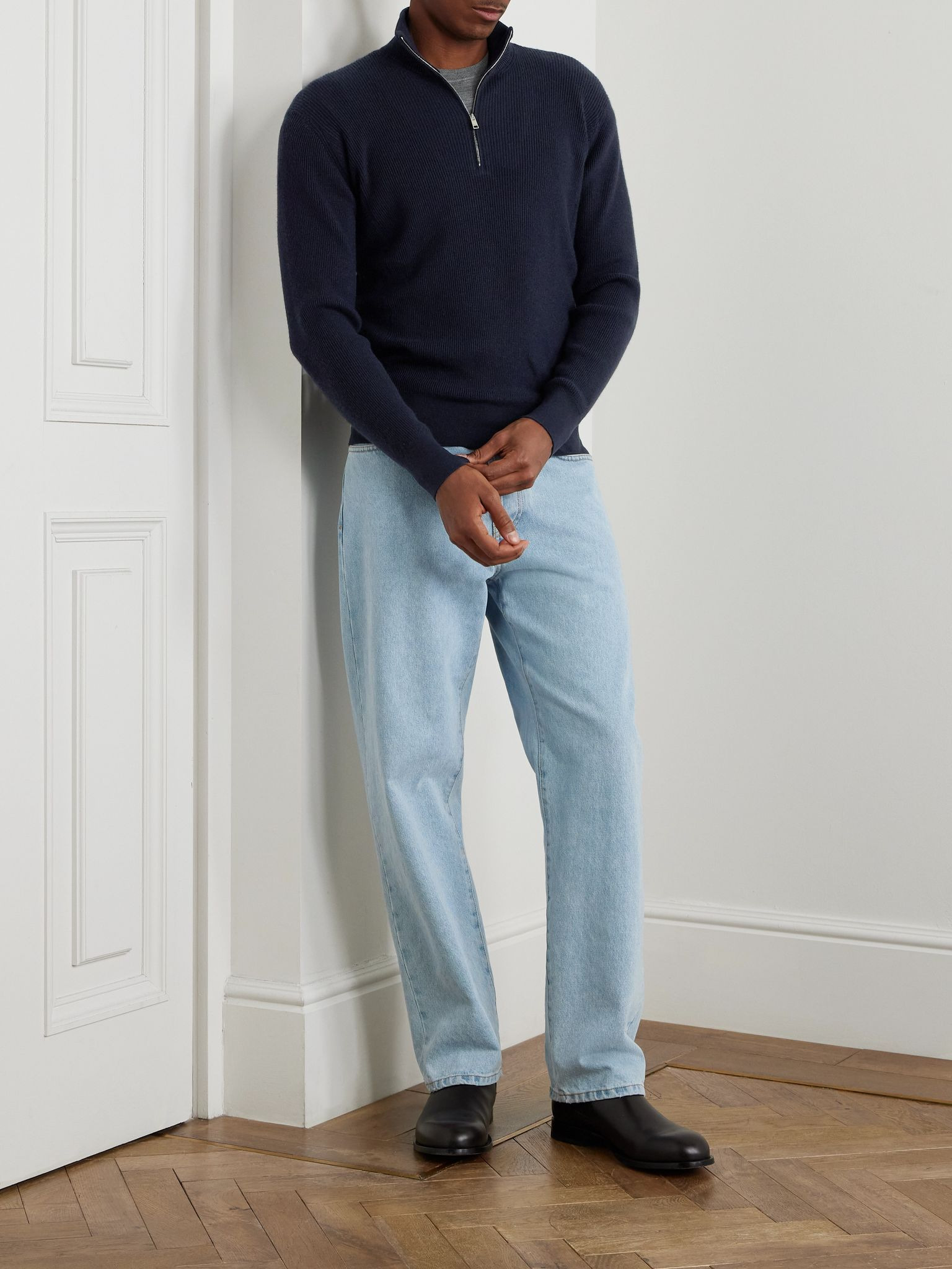 Ribbed Cashseta Zip-Up Sweater Navy - 2
