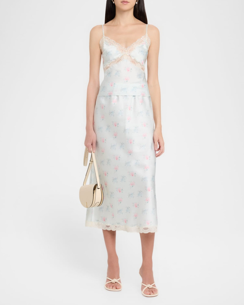 LoveShackFancy Castle Floral Satin Midi Skirt outlook