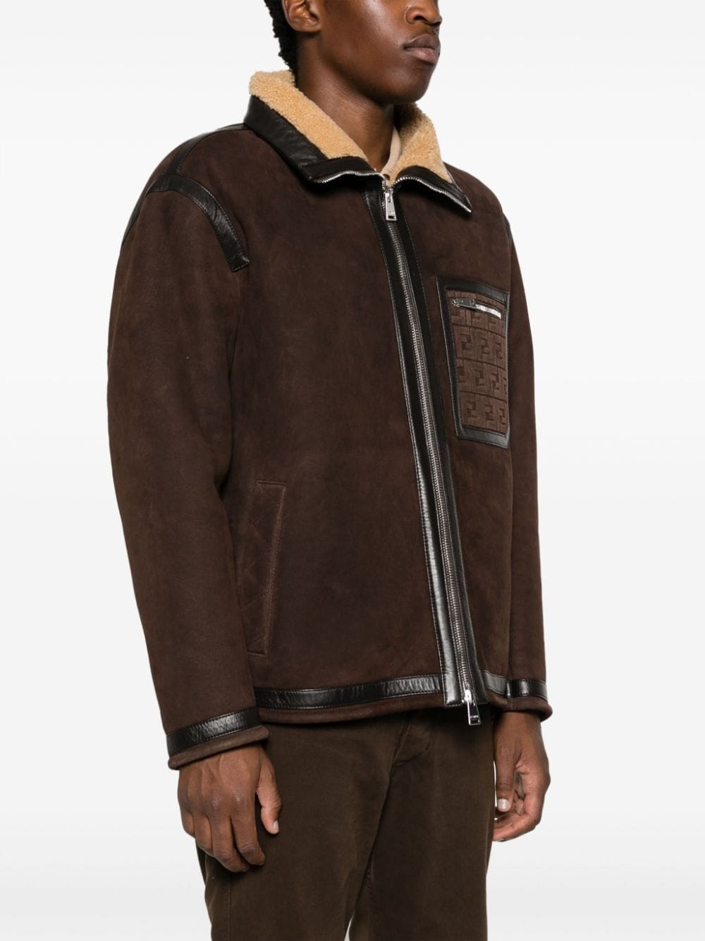 logo-embossed shearling jacket - 3