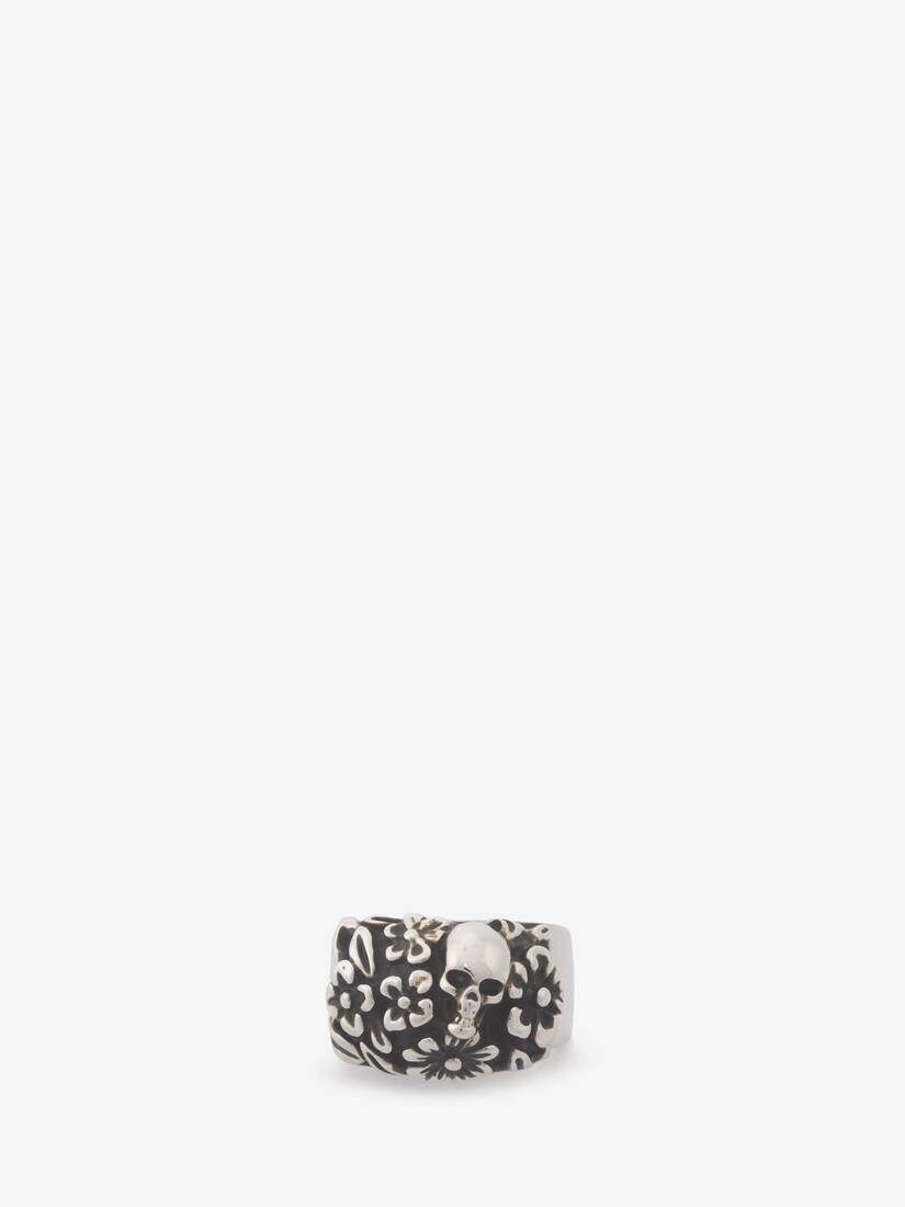 Men's The Floral Skull Ring in Antique Silver - 1