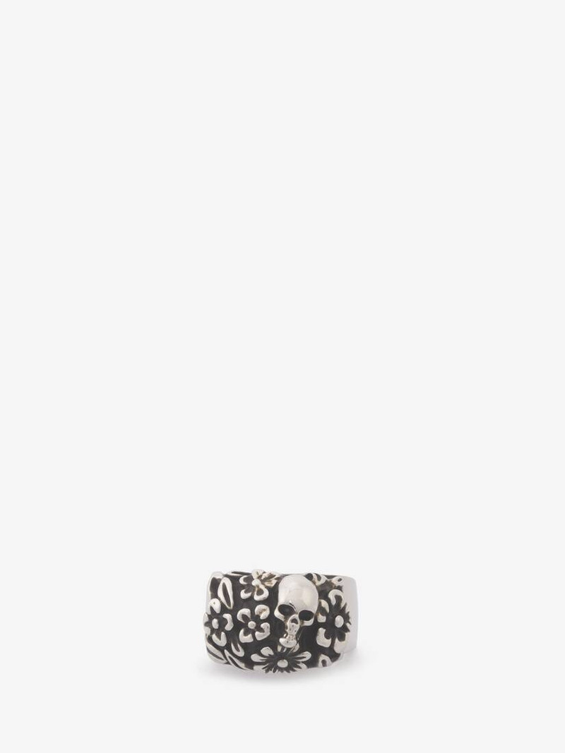 Men's The Floral Skull Ring in Antique Silver 1