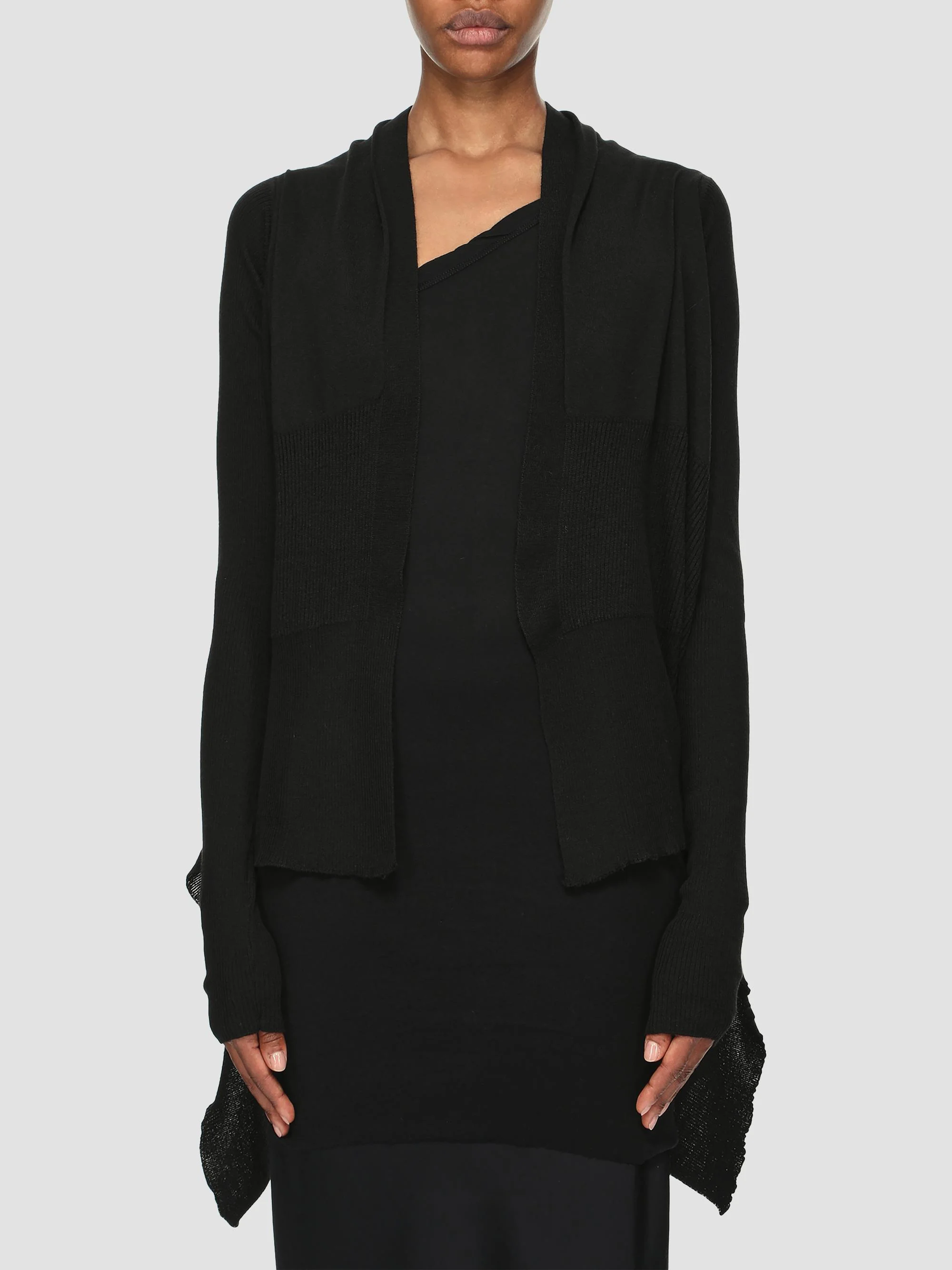 Women's Wool Shawl-Collar Wrap Cardigan - Black - 1