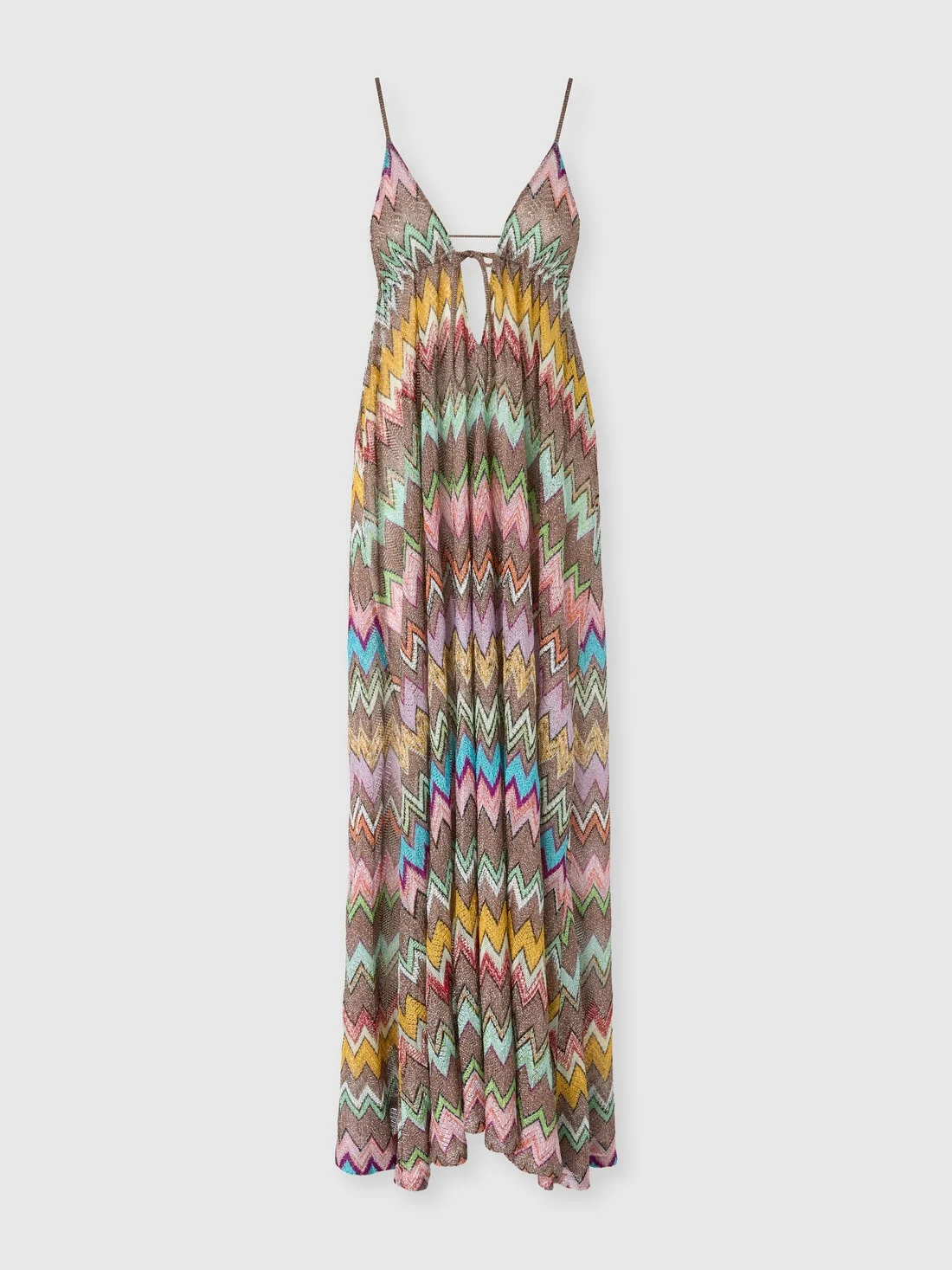 Long beach dress in lamé viscose with macro zigzag pattern and thin straps - 1