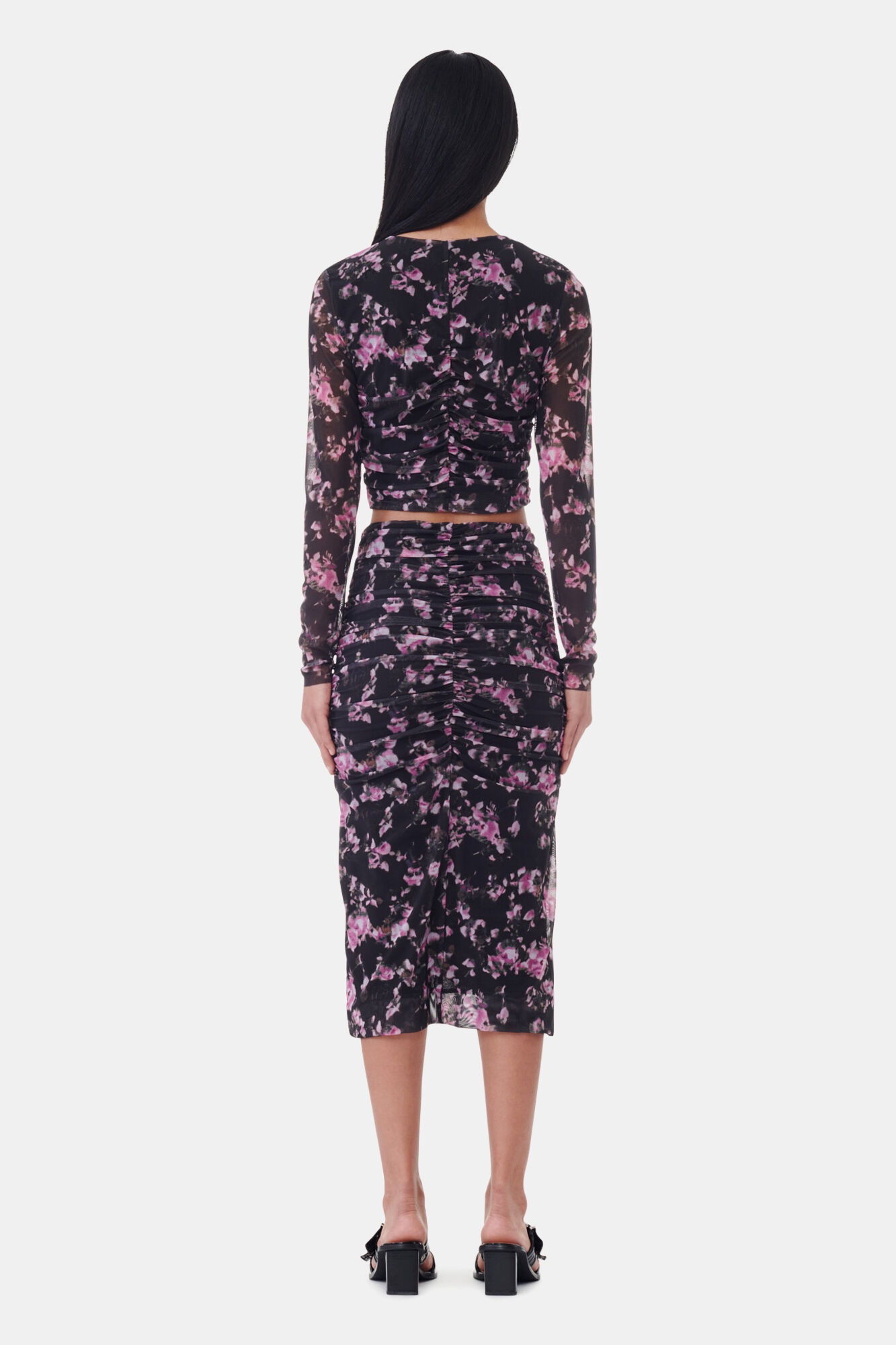 BLACK FLORAL PRINTED MESH RUCHED MIDI SKIRT - 4