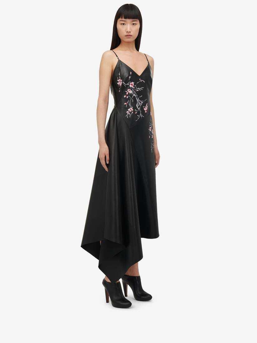 Women's Cherry Blossom Leather Dress in Black/pink/ivory - 3