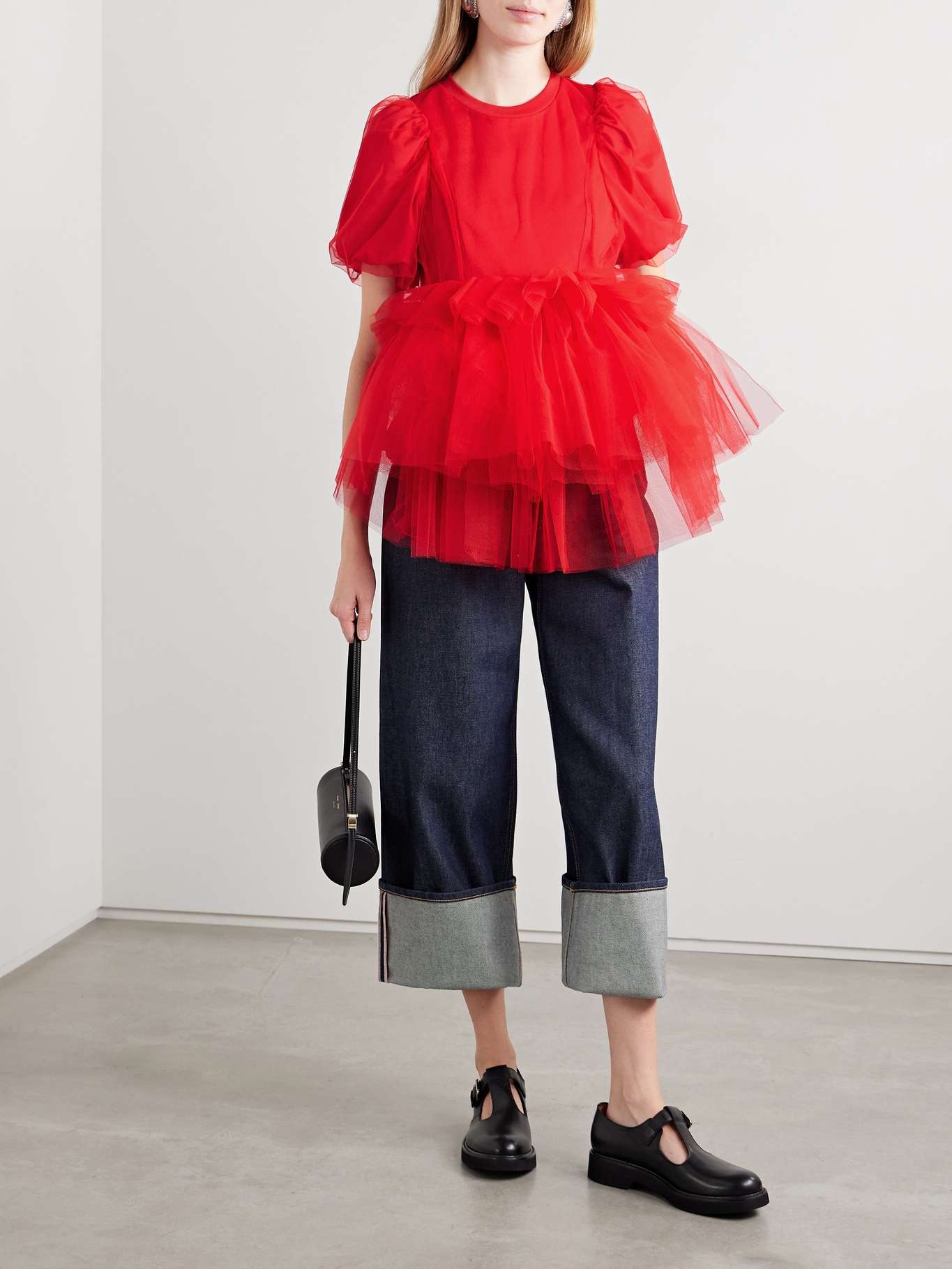 Layered ruffled cotton-jersey and tulle T-shirt Red - 2