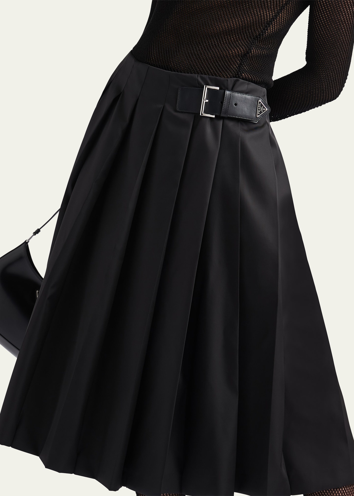 Recycled Nylon Pleated Belted Midi Skirt - 4