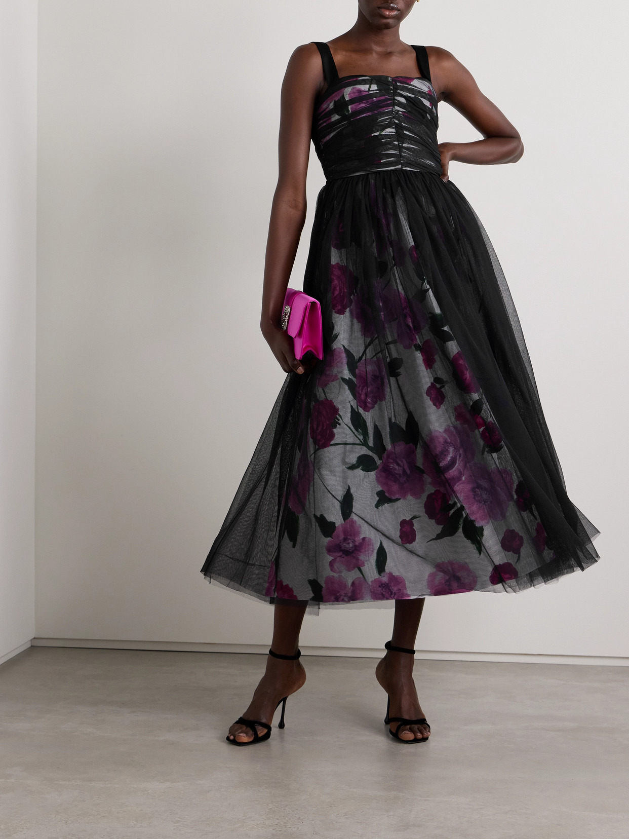 Layered Ruched Tulle And Floral-print Cotton-faille Midi Dress - 2