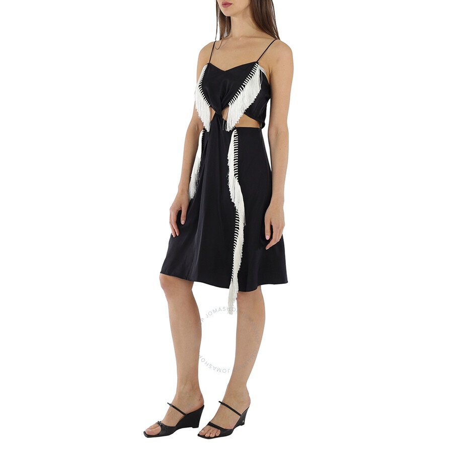 Burberry Black Silk Satin Slip Dress With Fringed Detail - 5