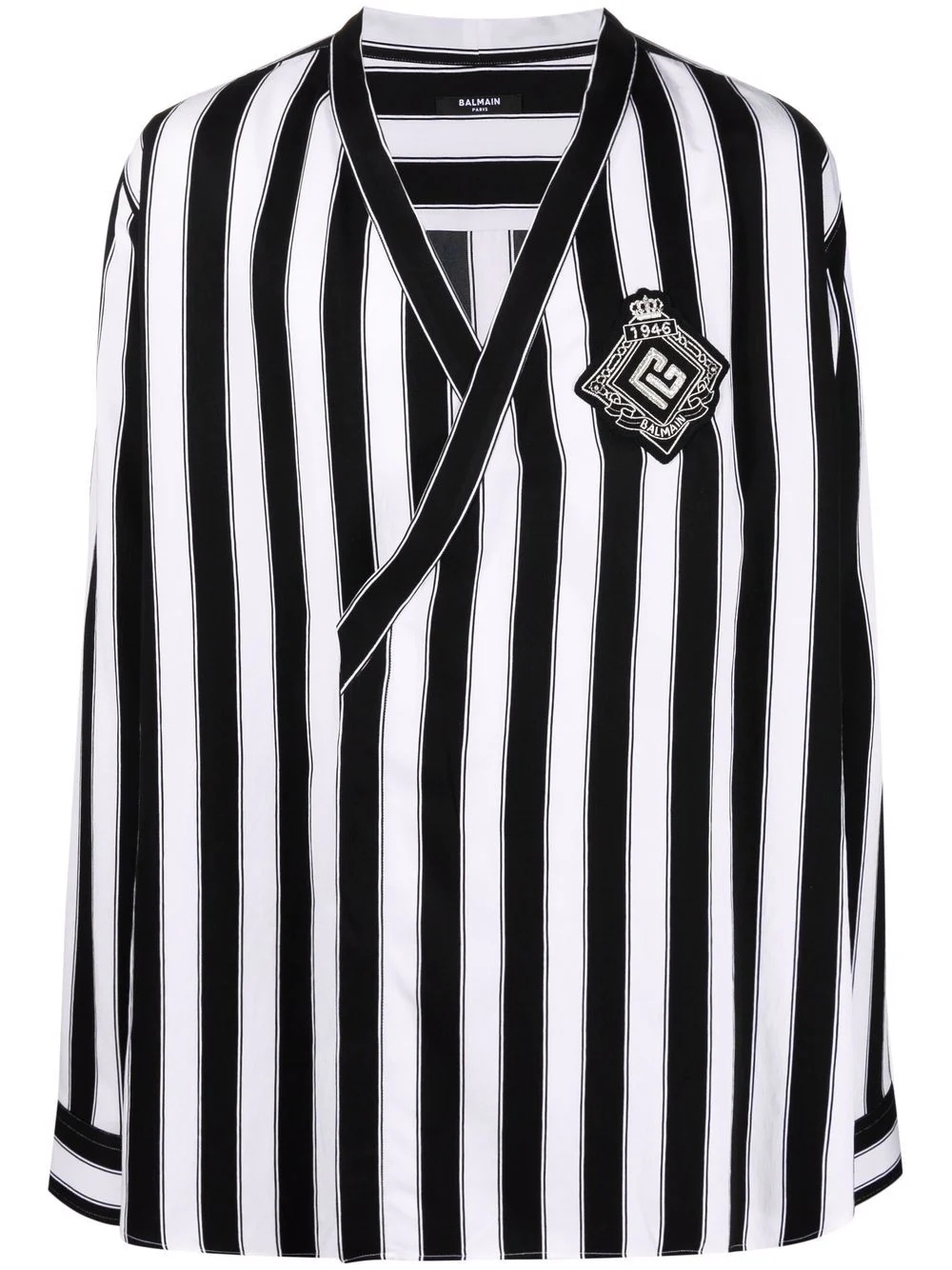 logo-patch striped crossover-V-neck shirt - 1