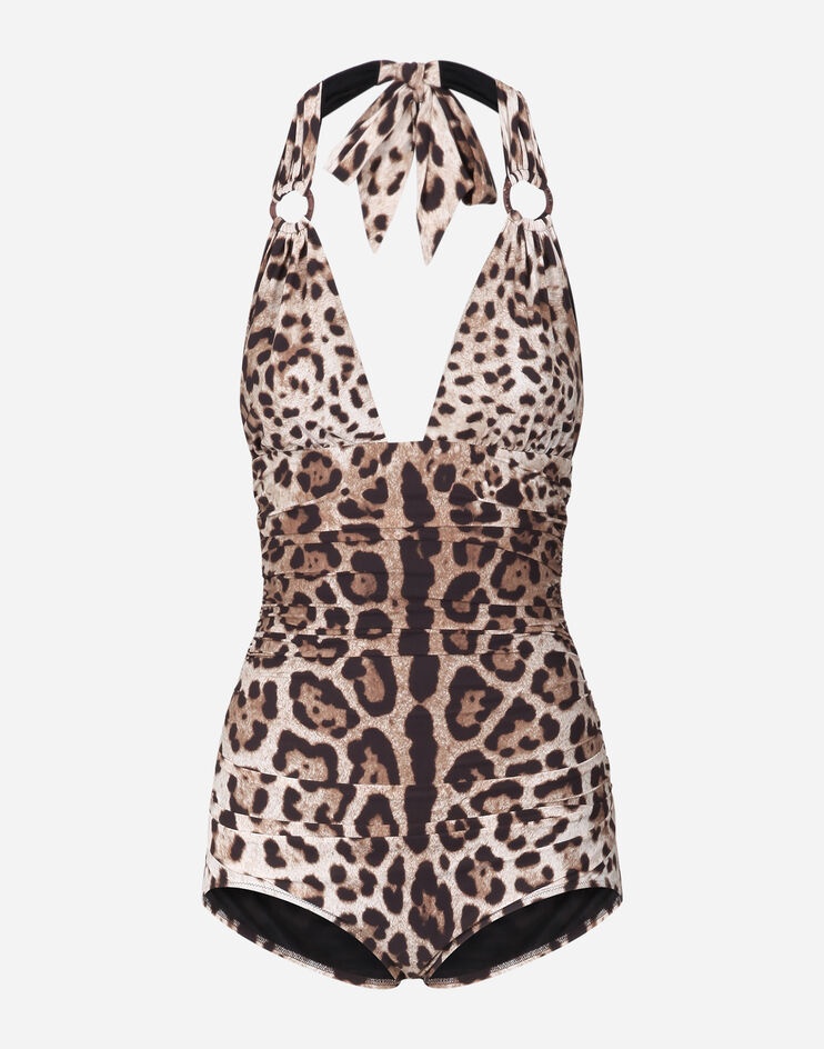 Leopard-print one-piece swimsuit with plunging neckline - 1