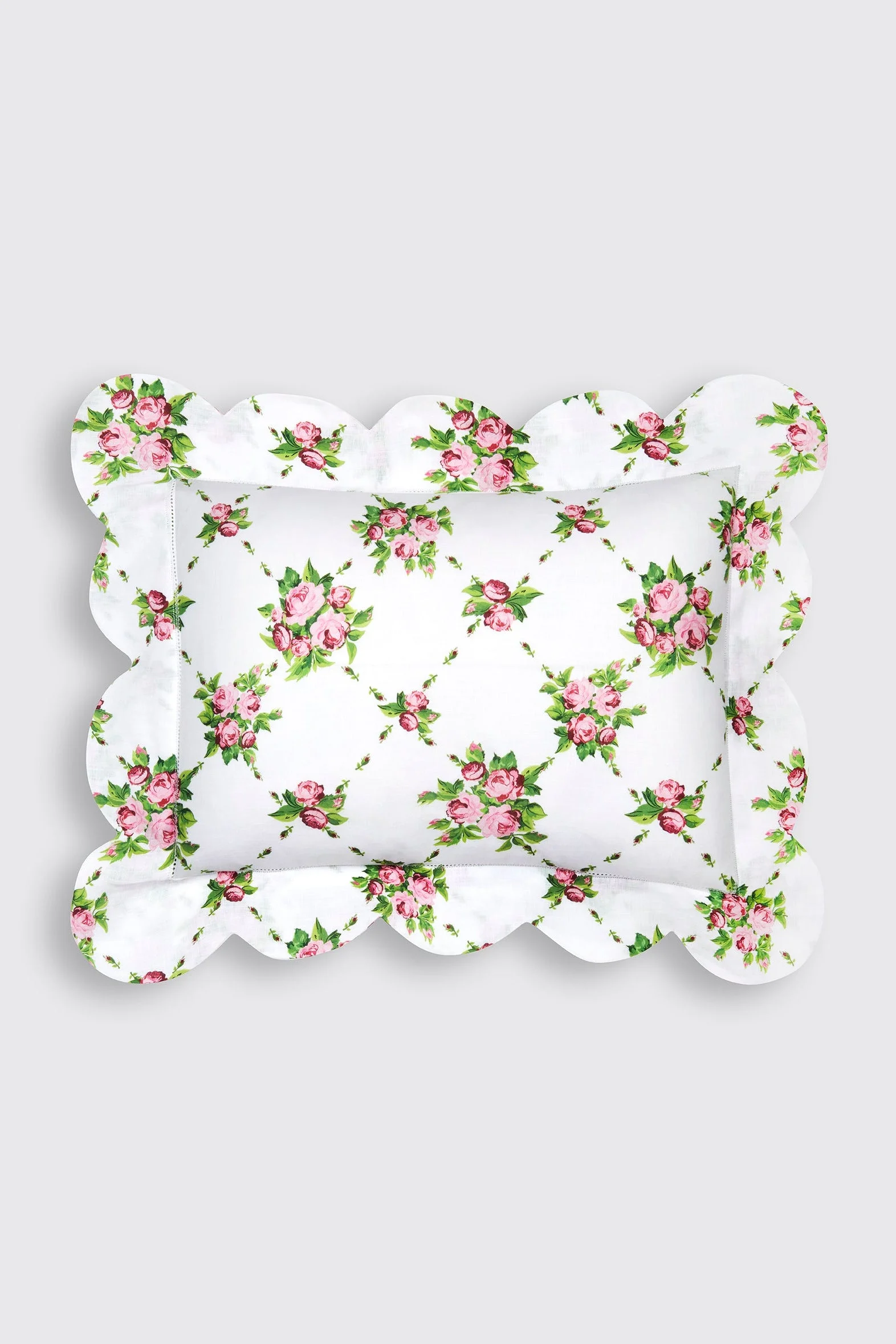 Roma Ajour Pillow Slip in Pink Roses Print on White Linen - 1