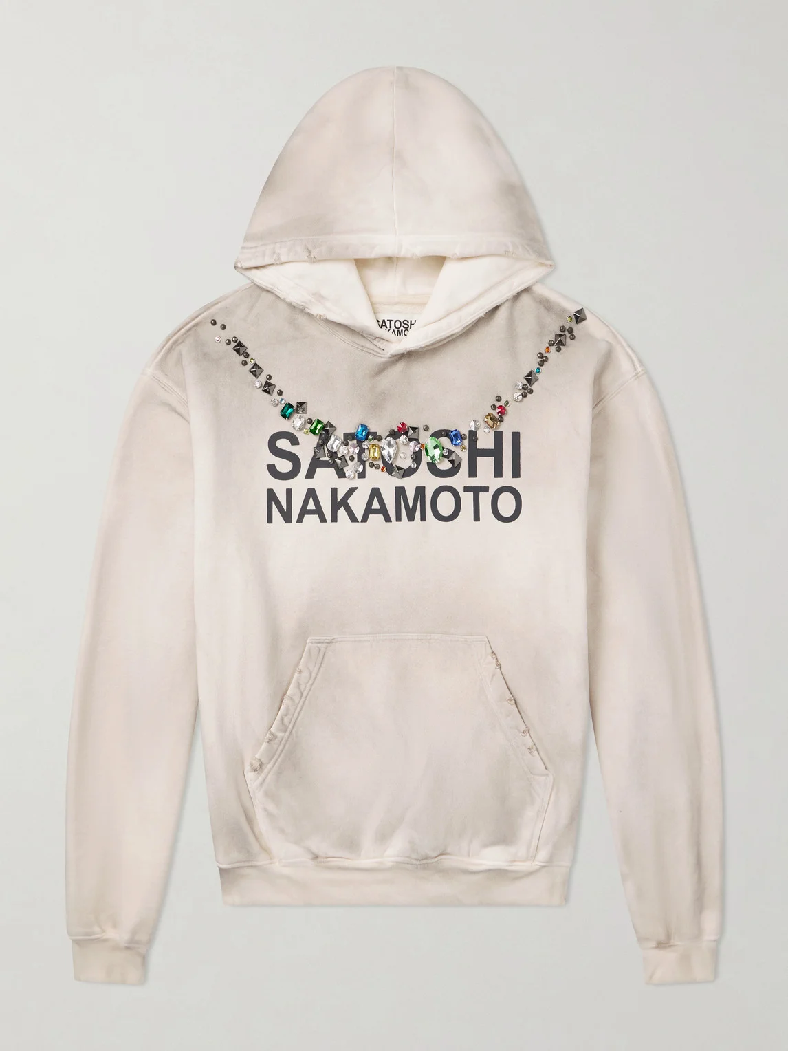 Necklace Logo-Print Embellished Distressed Cotton-Jersey Hoodie - 1