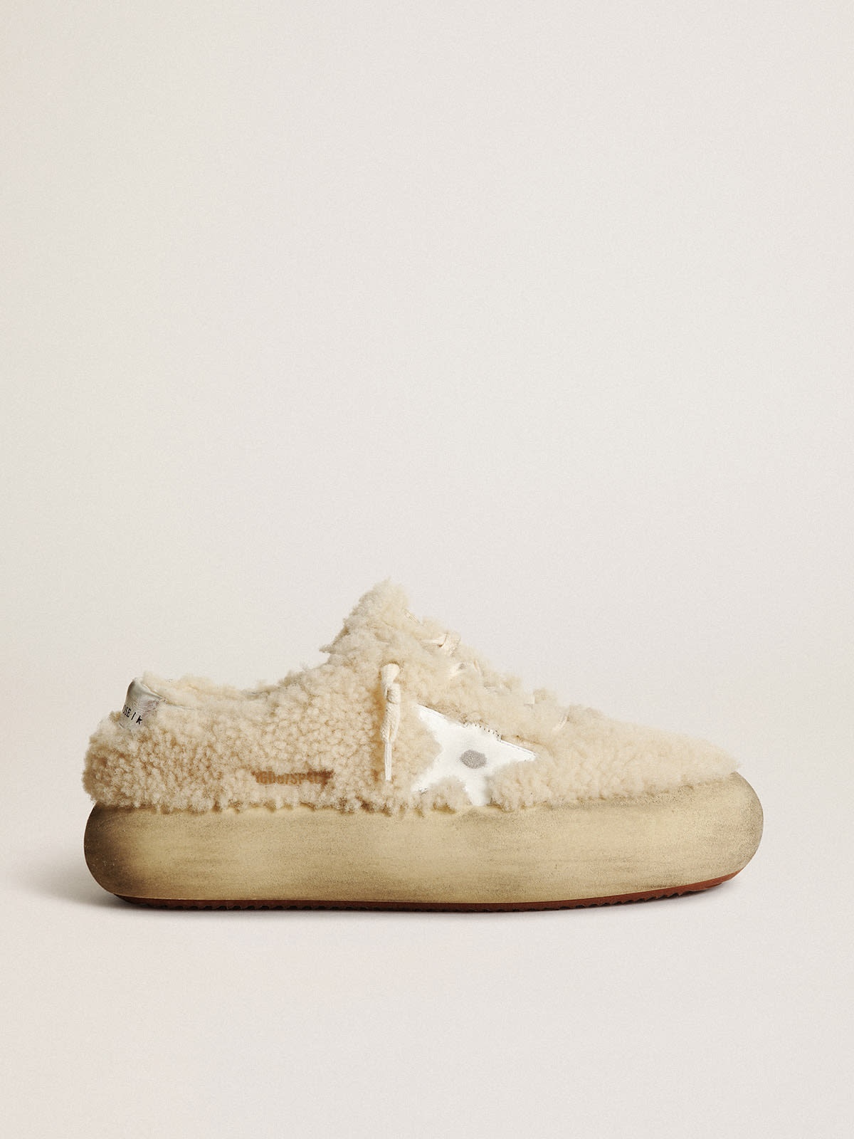 Women’s Space-Star shoes in beige shearling with white leather star and metallic leather heel tab - 1