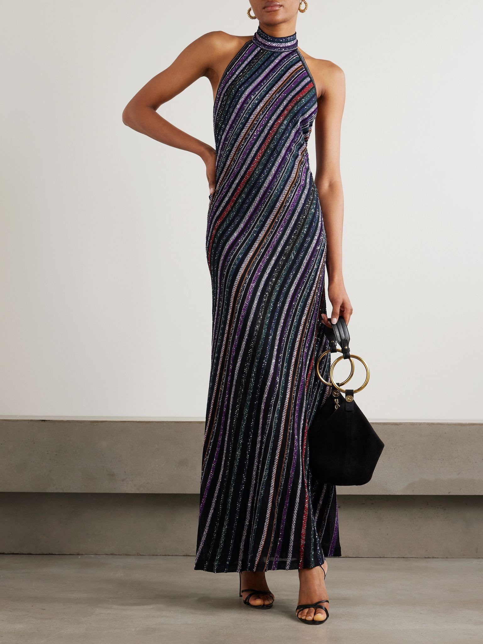 Sequined striped crochet-knit halterneck maxi dress Black - 2