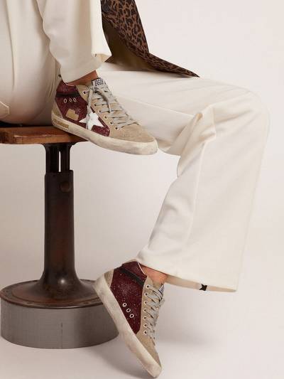 Golden Goose Mid Star sneakers in burgundy glitter with dove-gray inserts and white star outlook