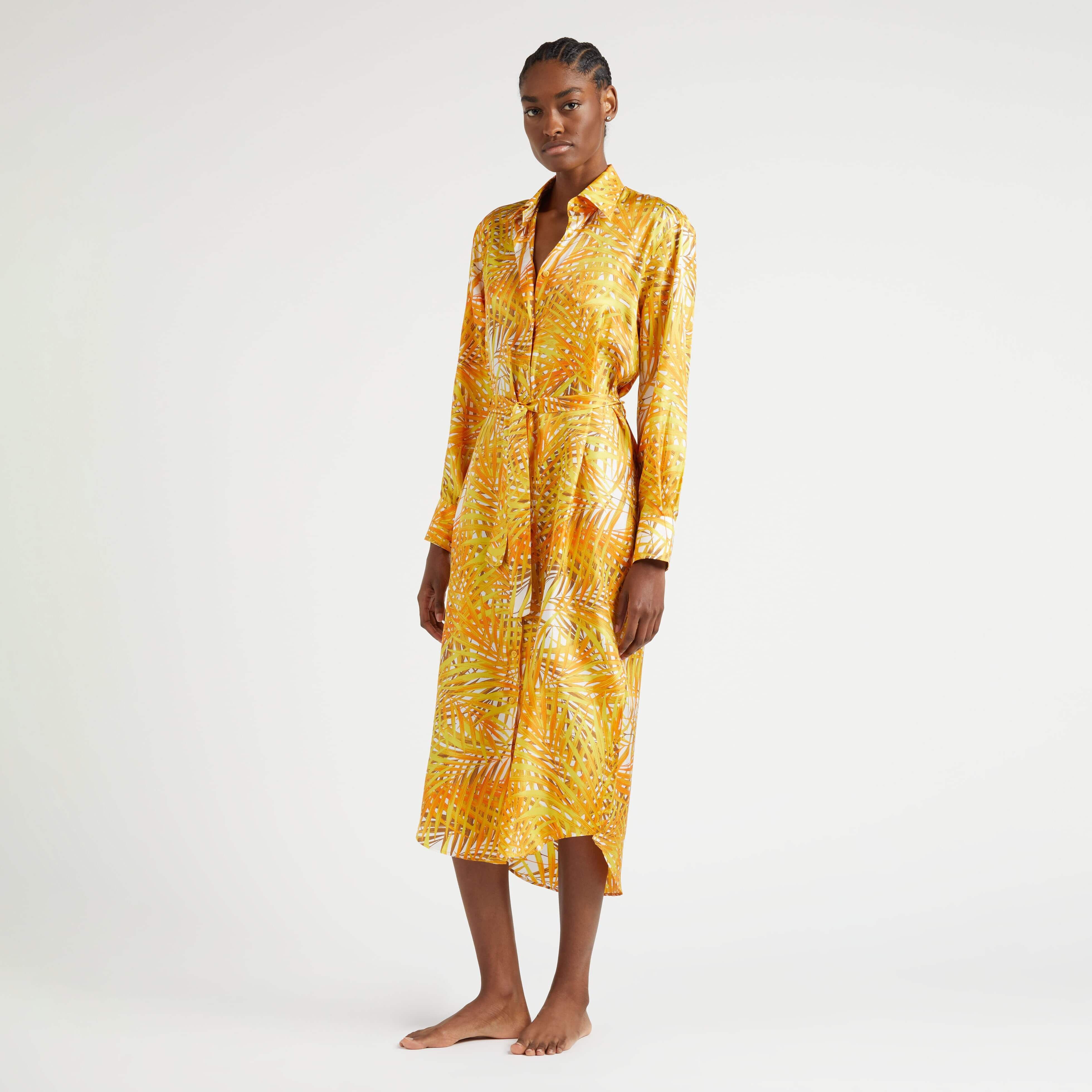 Women Silk Shirt Dress Palm Leaves - 3