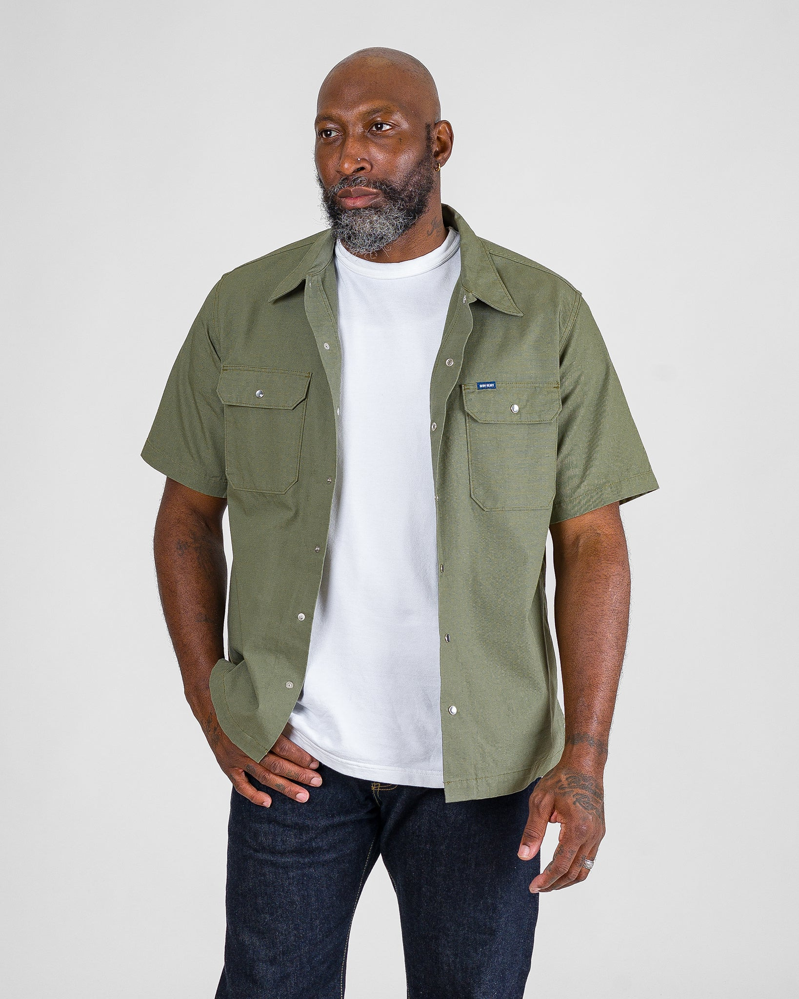 IHSH-415-GRN 8oz Ripstop Short Sleeved Mechanic Shirt - Military Green - 2