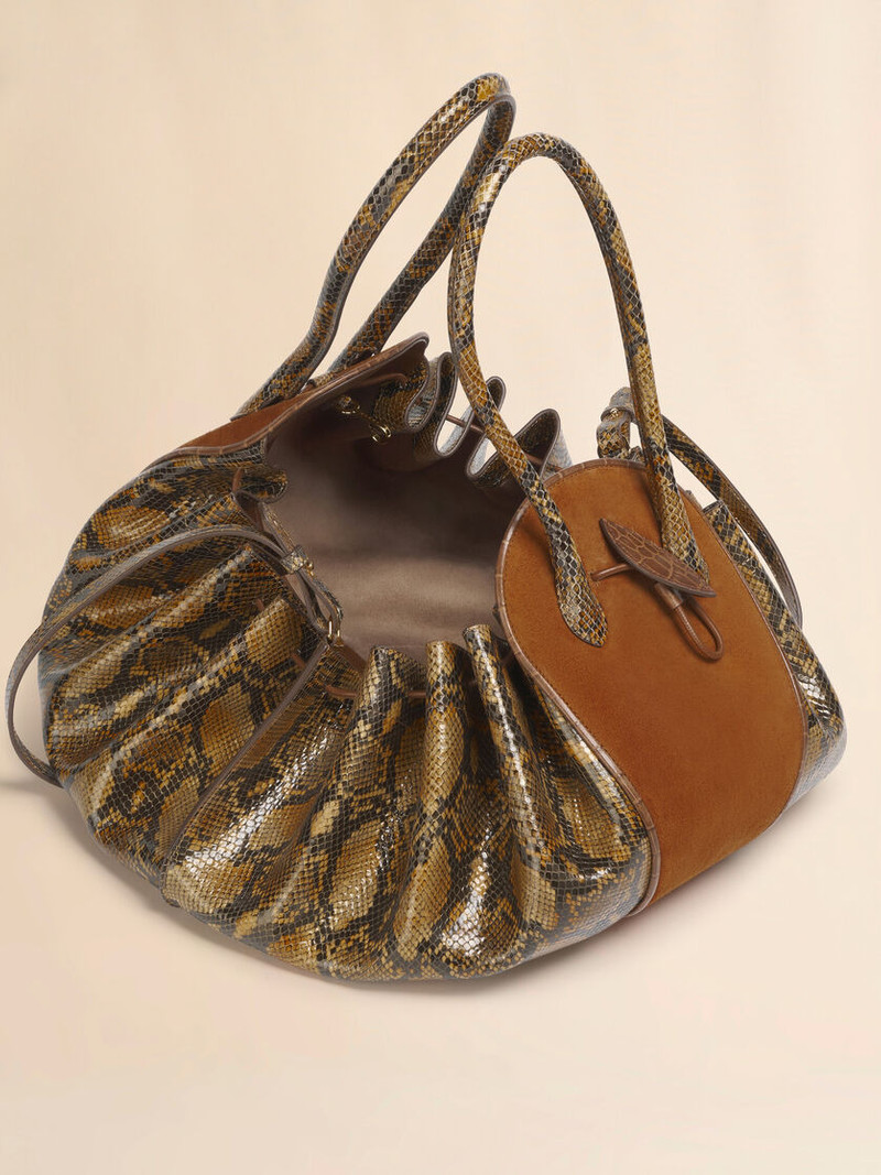 BROWN SUEDE AND PYTHON-PRINT LEATHER TULIPEA LARGE HANDBAG 4