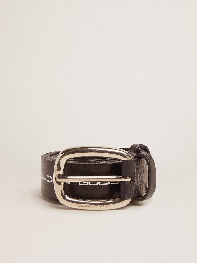 Houston belt in black leather with contrasting handwritten lettering 1