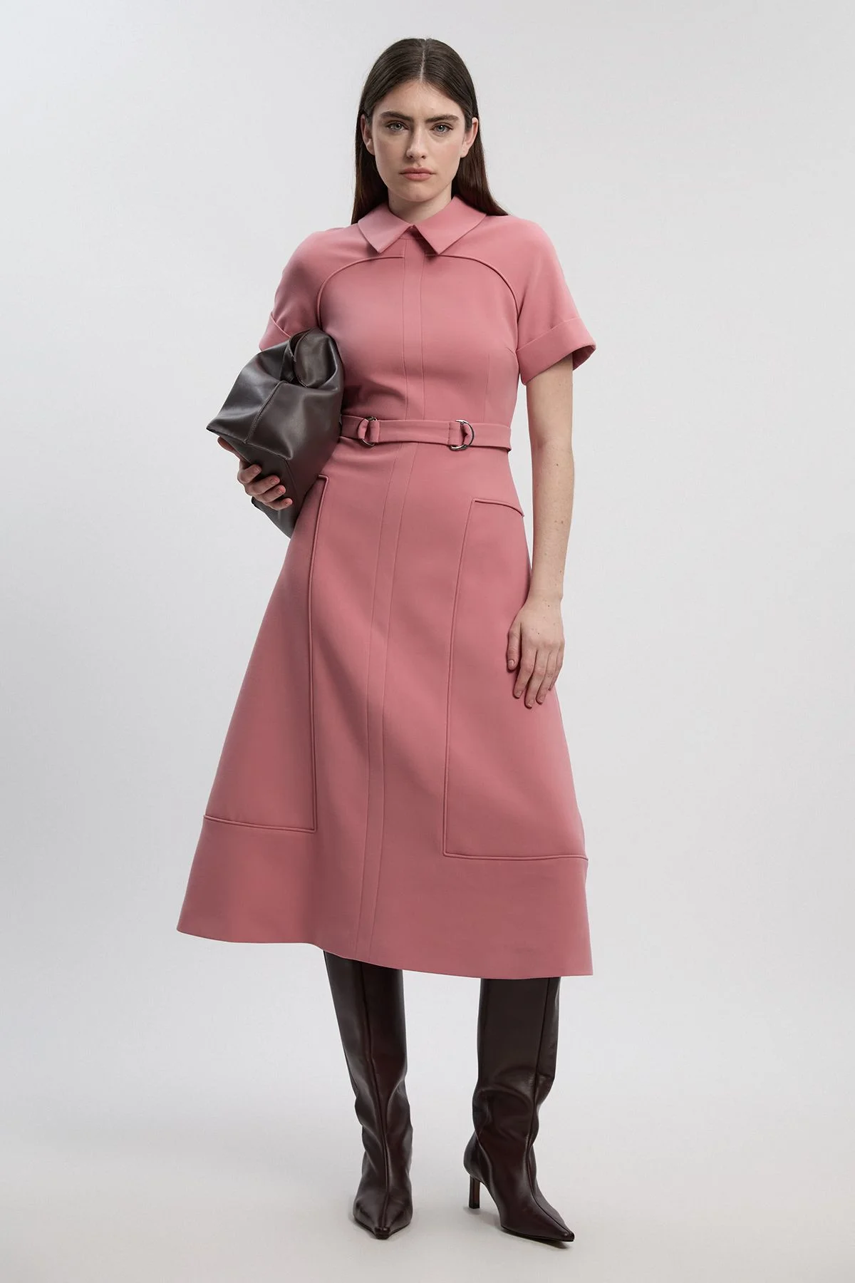 Compact Stretch Tab Detail Full Skirted Midi Dress - 1