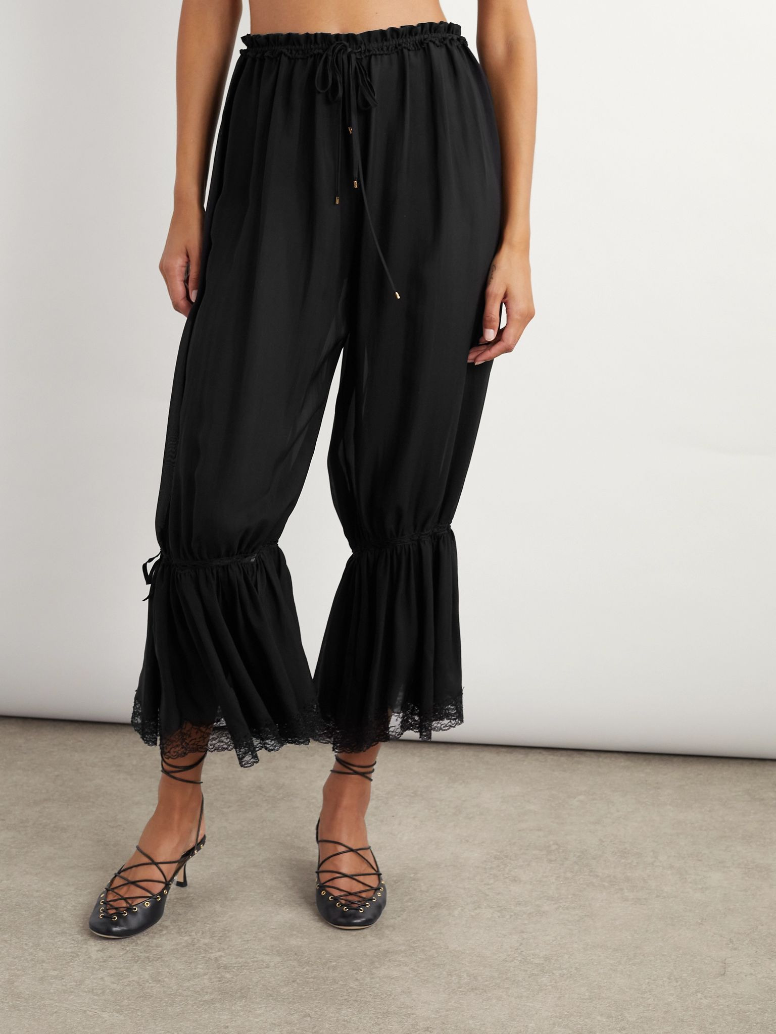 Lace-trimmed silk pants Black - 3