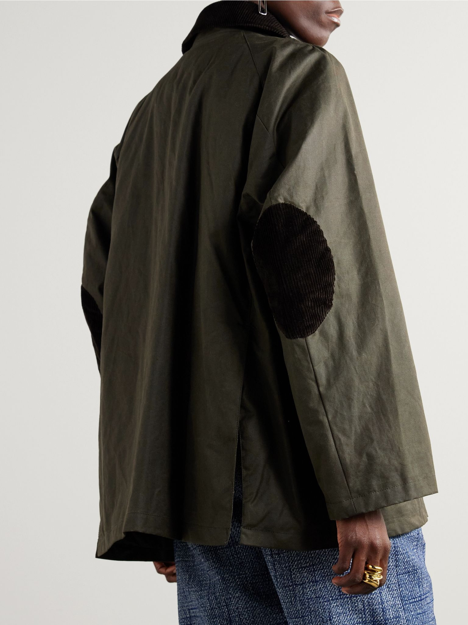 Oversized corduroy-trimmed waxed organic cotton jacket Green - 4